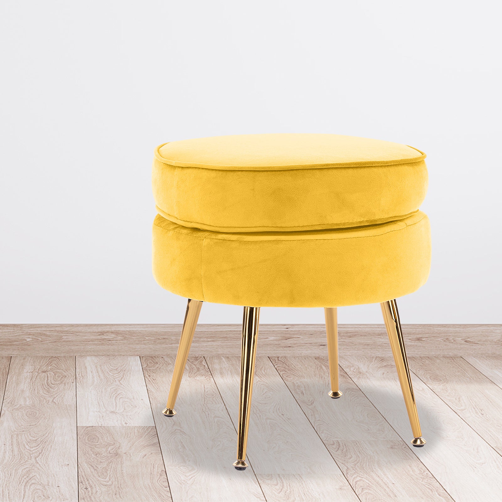 La Bella Yellow Round Ottoman Foot Stool Velvet Fabric Metal Leg-Armchairs-PEROZ Accessories