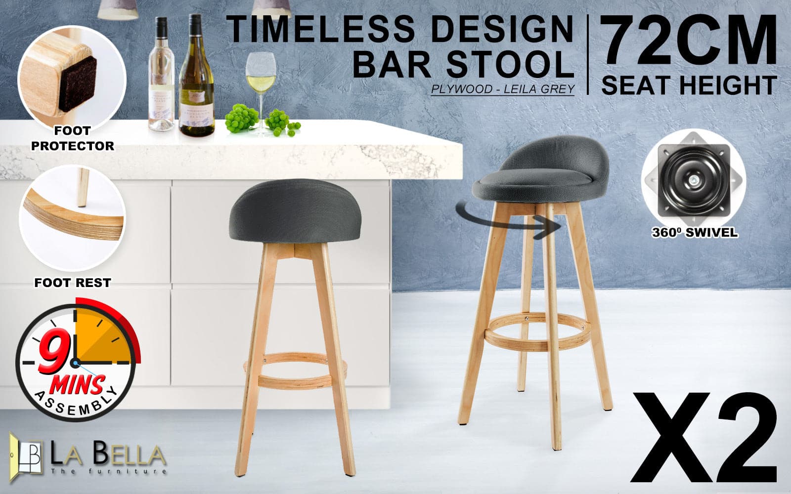 La Bella 2 Set 72cm Grey Wooden Bar Stool Leila Fabric-Furniture > Bar Stools & Chairs-PEROZ Accessories
