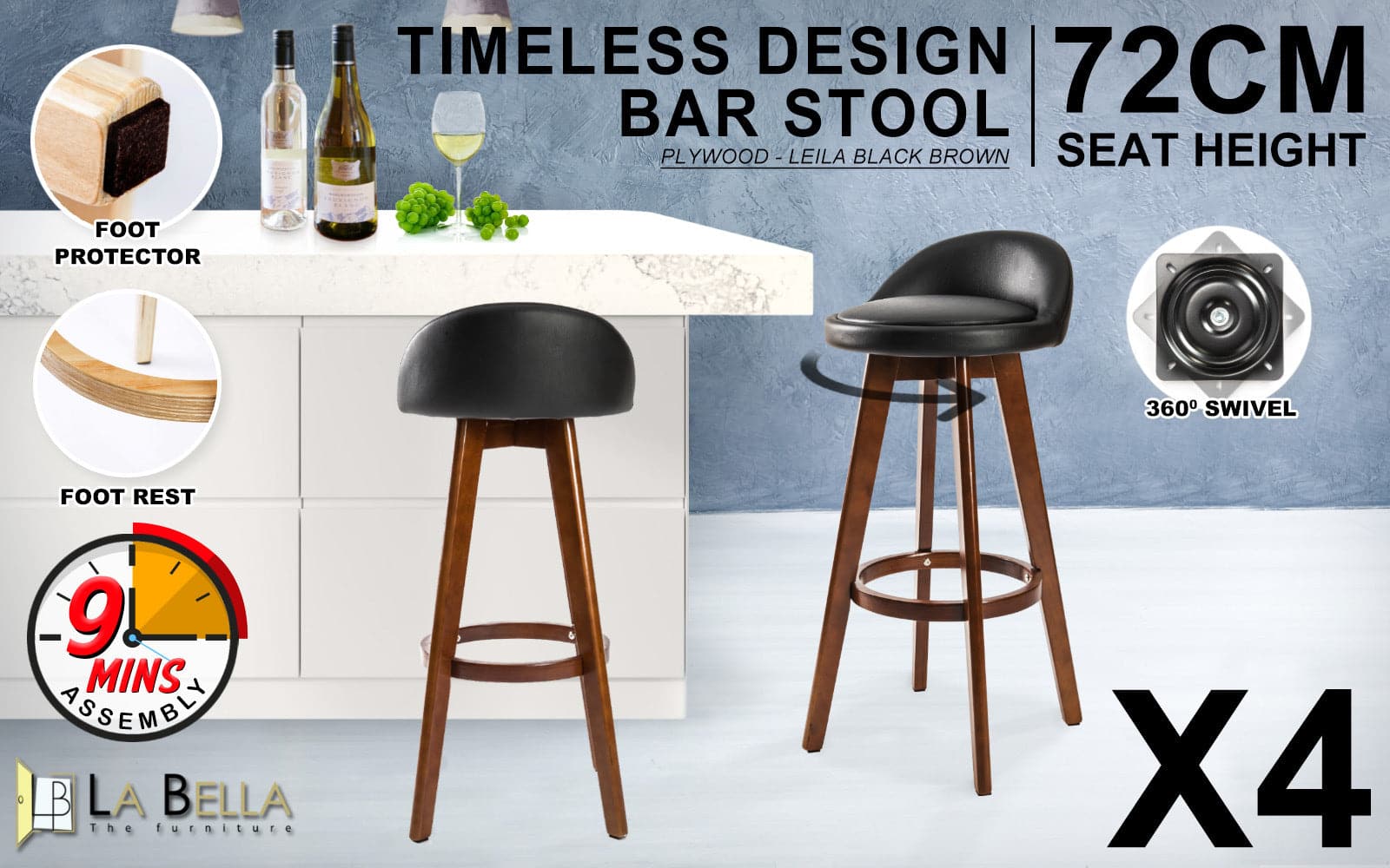 La Bella 4 Set 72cm Black Brown Wooden Bar Stool Leila Leather-Furniture > Bar Stools & Chairs-PEROZ Accessories