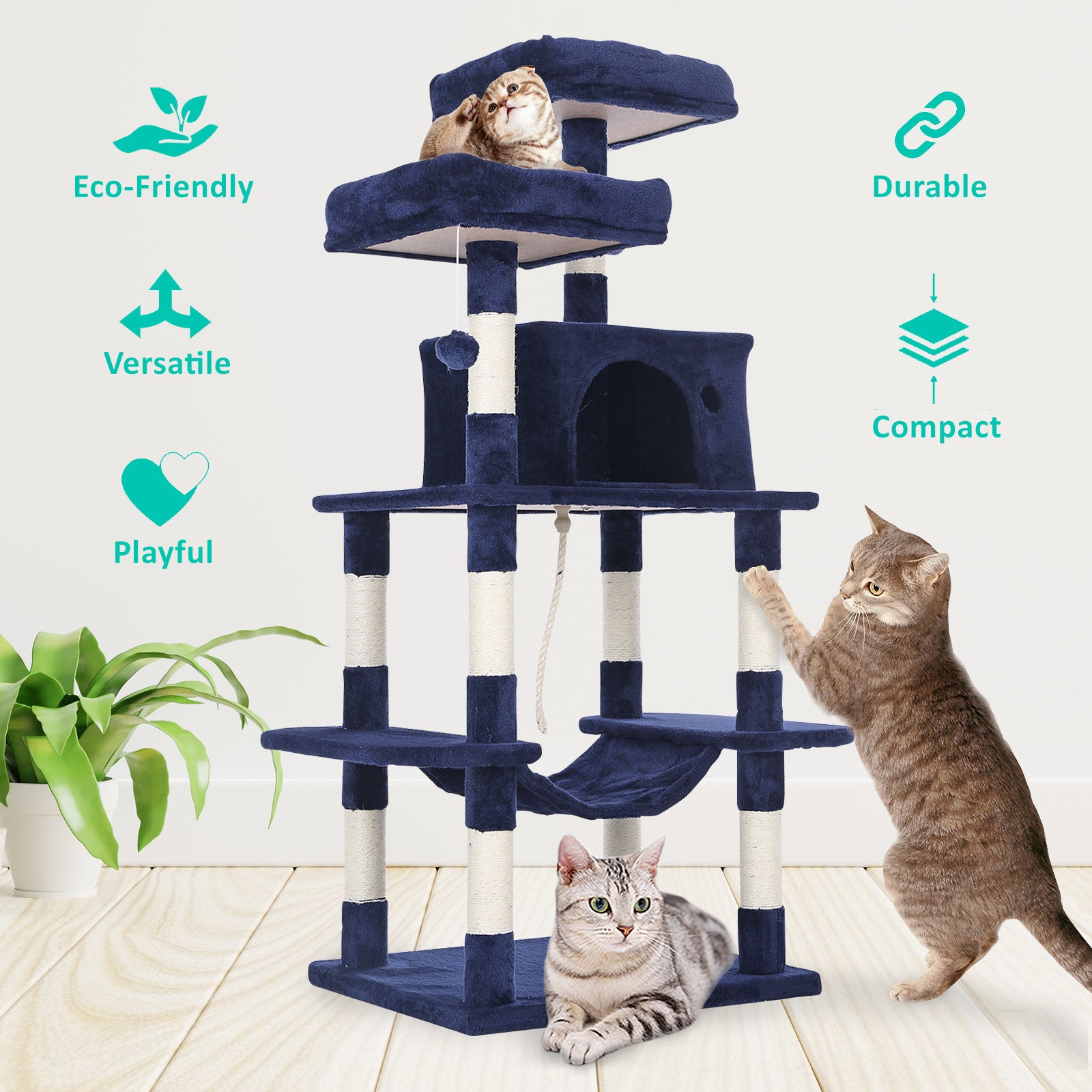Paw Mate 145cm Blue Cat Tree WHISKY Sisal Scratching Post Scratcher Pole Condo House Tower-Pet Care > Cat Supplies-PEROZ Accessories