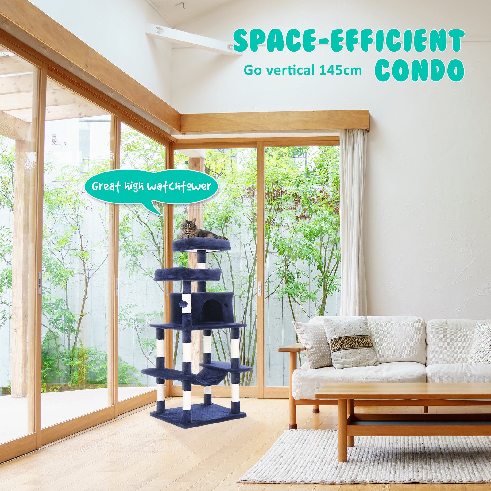 Paw Mate 145cm Blue Cat Tree WHISKY Sisal Scratching Post Scratcher Pole Condo House Tower-Pet Care > Cat Supplies-PEROZ Accessories