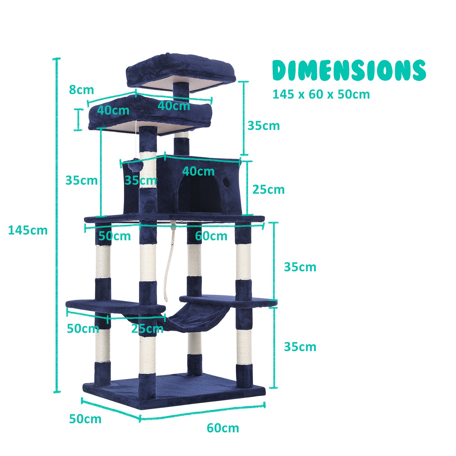 Paw Mate 145cm Blue Cat Tree WHISKY Sisal Scratching Post Scratcher Pole Condo House Tower-Pet Care > Cat Supplies-PEROZ Accessories