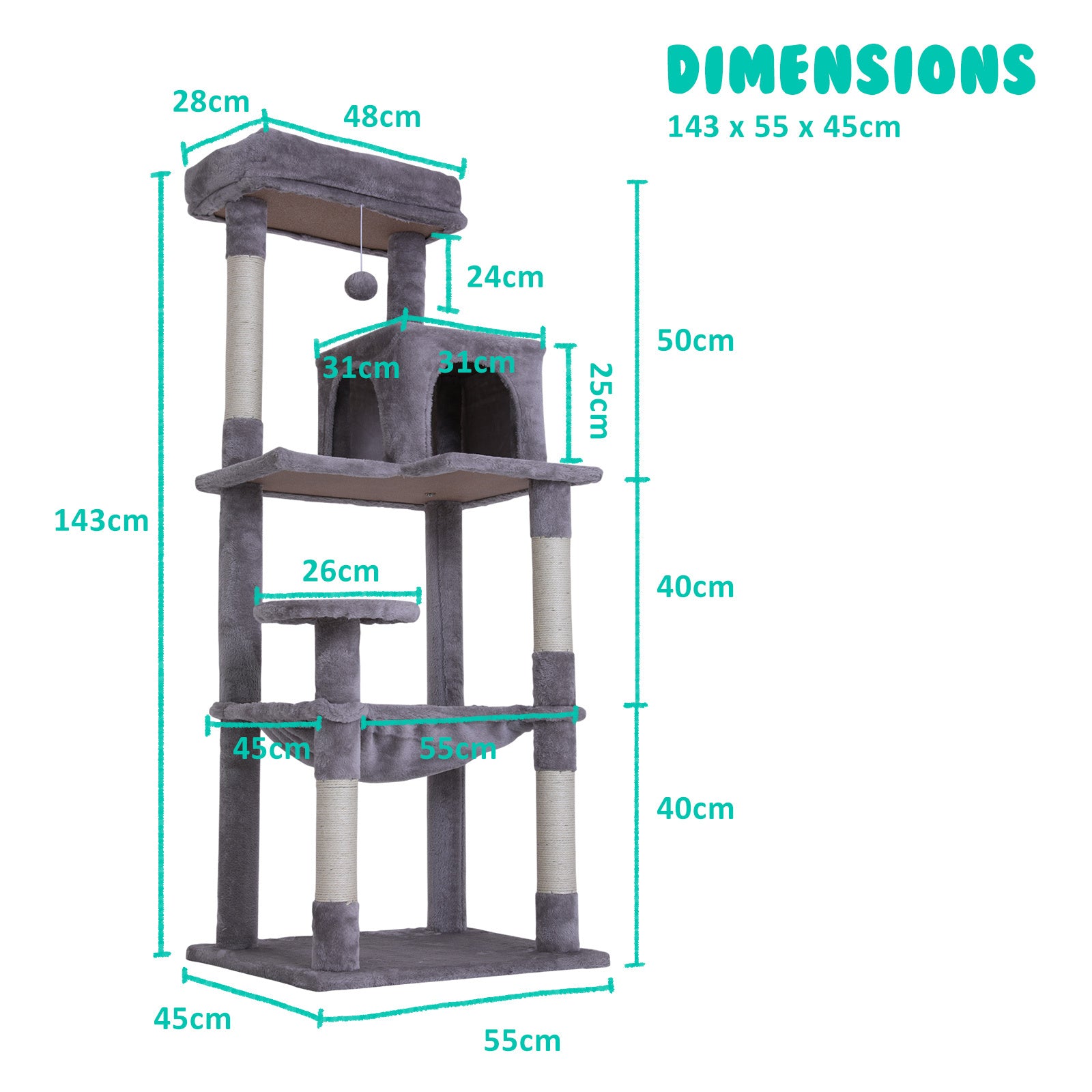 Paw Mate 143cm Grey Cat Tree CATOPIA Sisal Scratching Post Scratcher Pole Condo House Tower-Pet Care > Cat Supplies-PEROZ Accessories