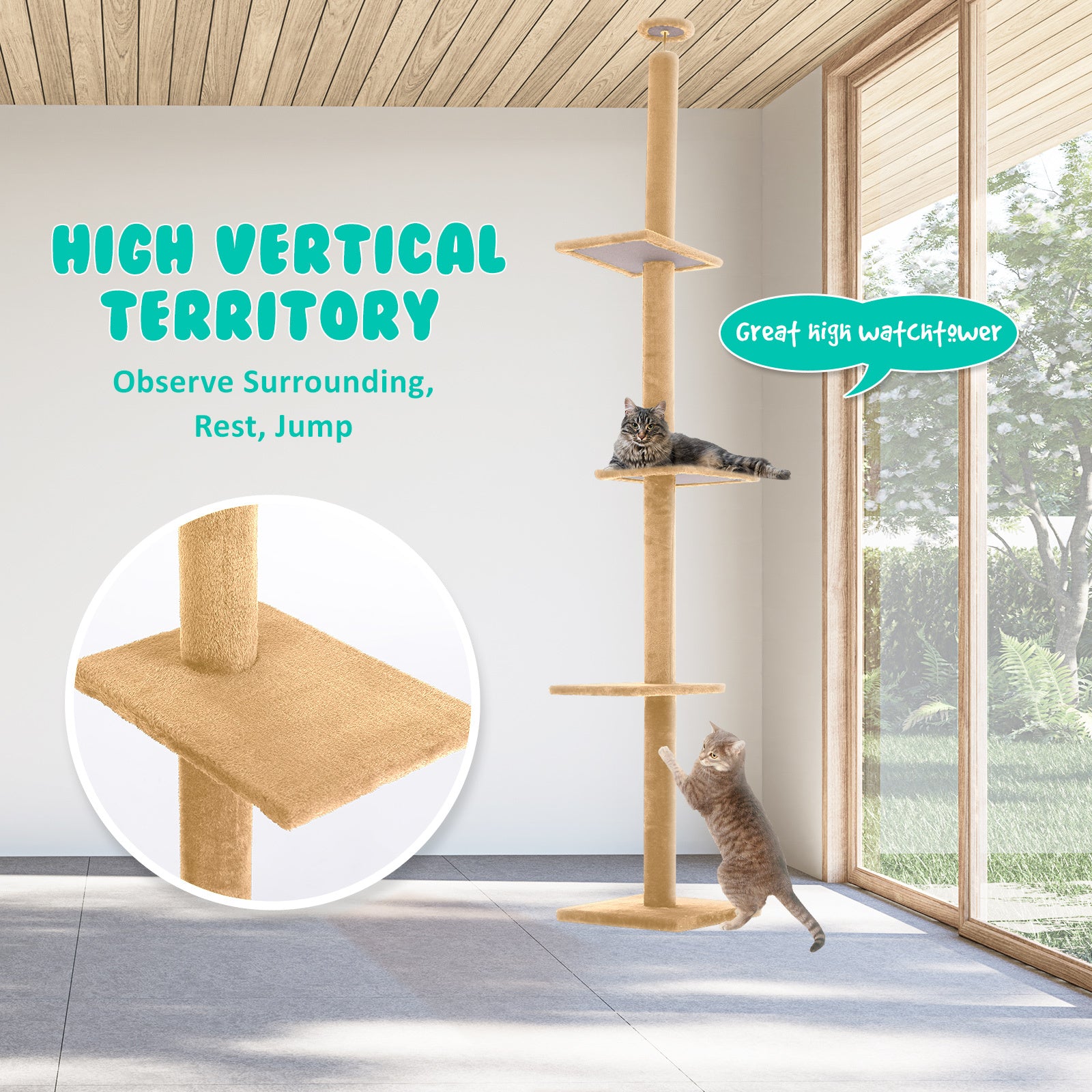 Paw Mate 278cm Brown Cat Tree PILLAR Scratcher Adjustable Floor to Ceiling Condo Tower-Pet Care > Cat Supplies-PEROZ Accessories