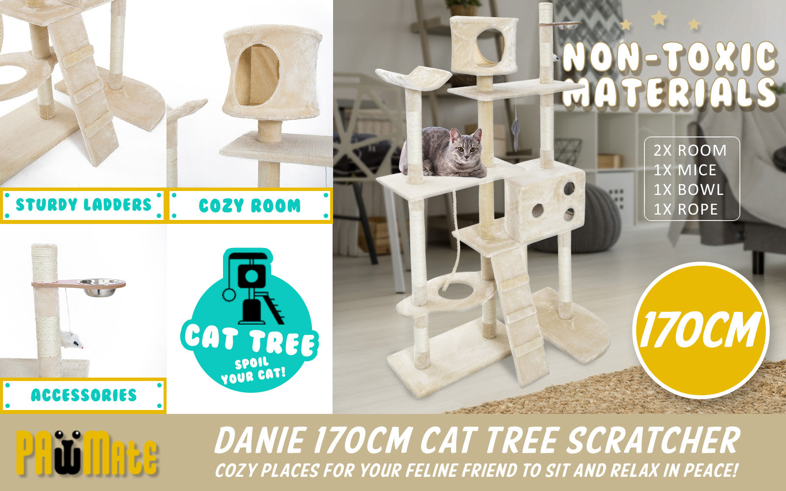 Paw Mate 170cm Beige Cat Tree Danie Multi Level Scratcher-Cat Trees-PEROZ Accessories