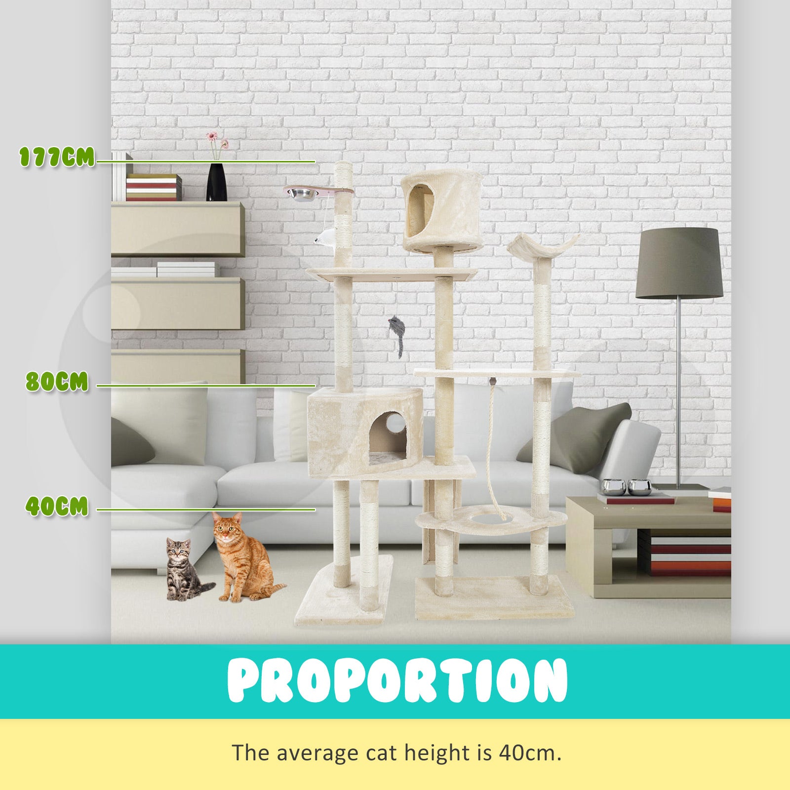 Paw Mate 170cm Beige Cat Tree Danie Multi Level Scratcher-Cat Trees-PEROZ Accessories