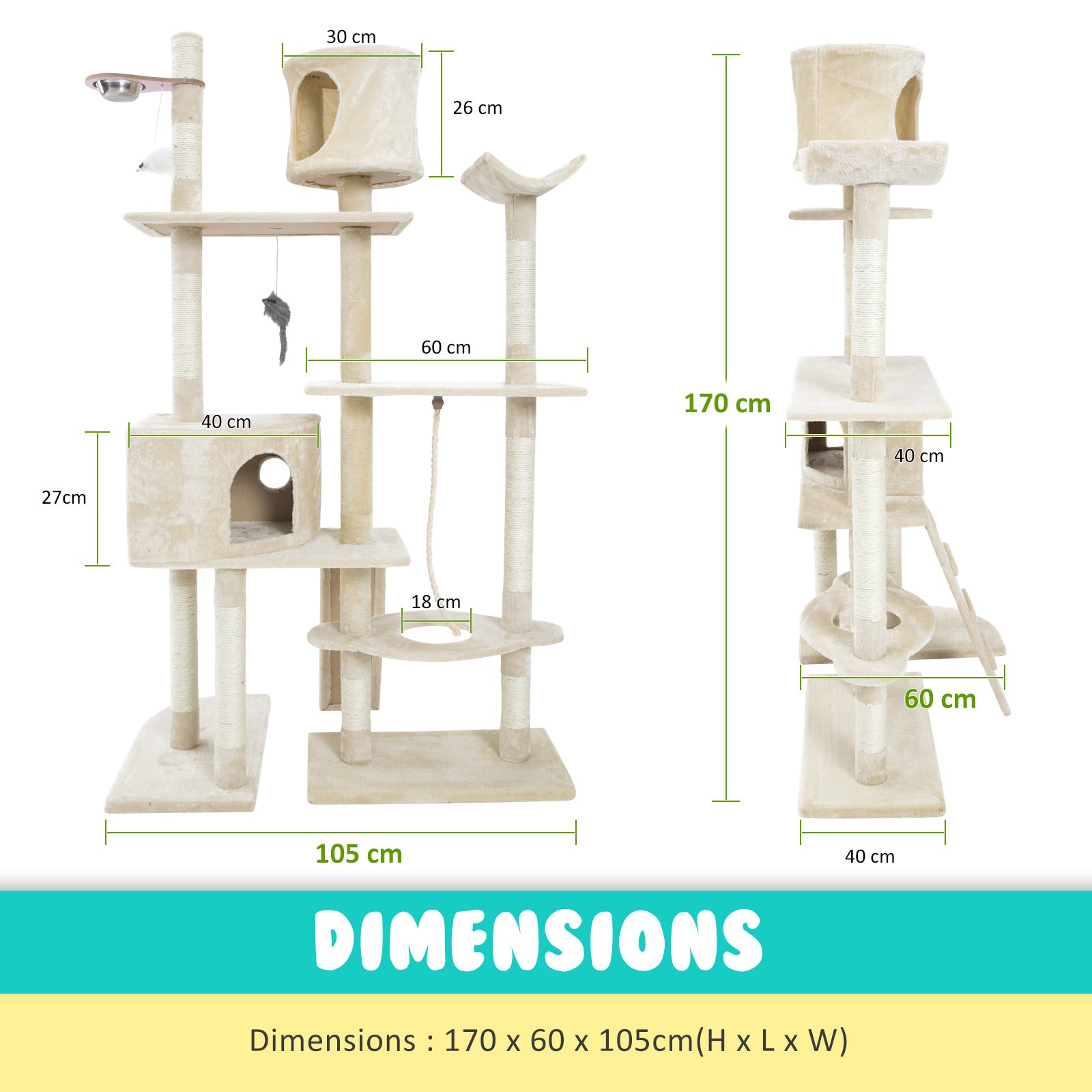Paw Mate 170cm Beige Cat Tree Danie Multi Level Scratcher-Cat Trees-PEROZ Accessories
