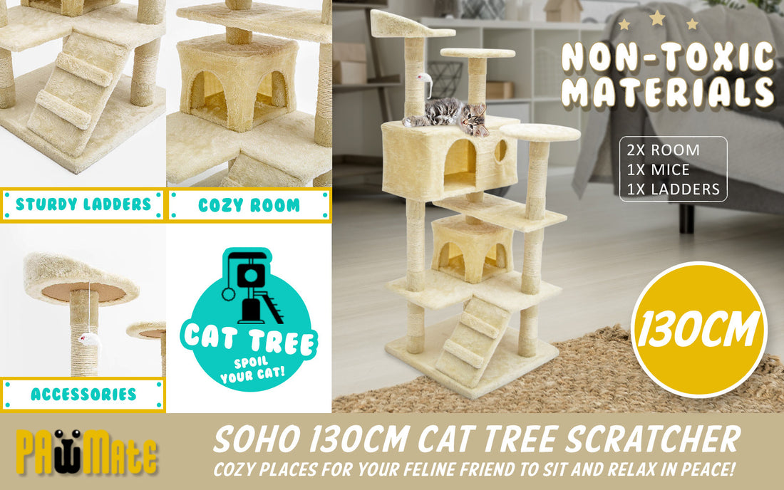 Paw Mate 130cm Beige Cat Tree Soho Multi Level Scratcher-Cat Trees-PEROZ Accessories