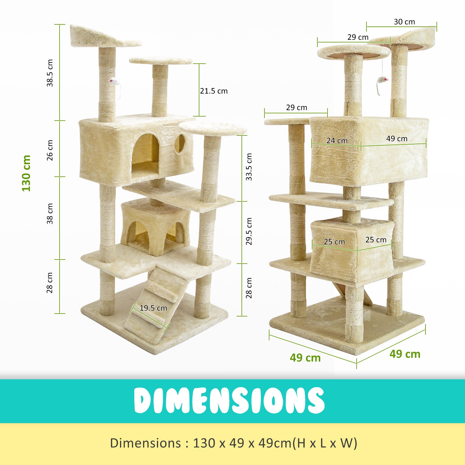 Paw Mate 130cm Beige Cat Tree Soho Multi Level Scratcher-Cat Trees-PEROZ Accessories