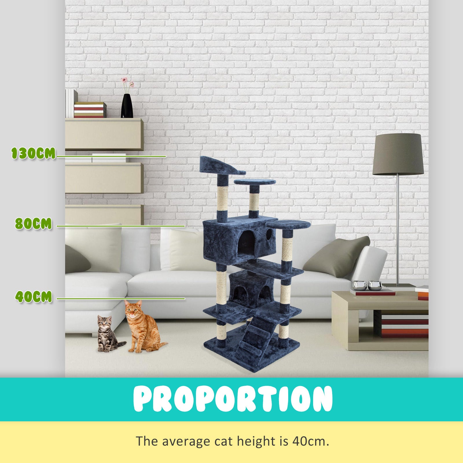 Paw Mate 130cm Blue Cat Tree Soho Multi Level Scratcher-Cat Trees-PEROZ Accessories