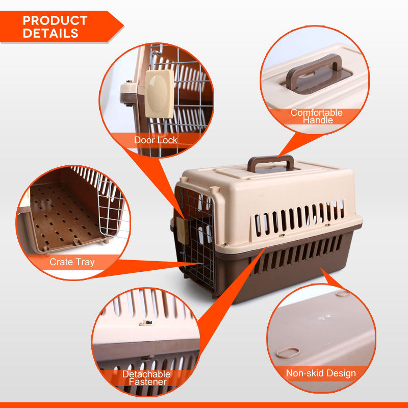 YES4PETS Small Dog Cat Rabbit Crate Pet Carrier Airline Cage With Bowl and Tray-Brown-Pet Care > Cat Supplies-PEROZ Accessories