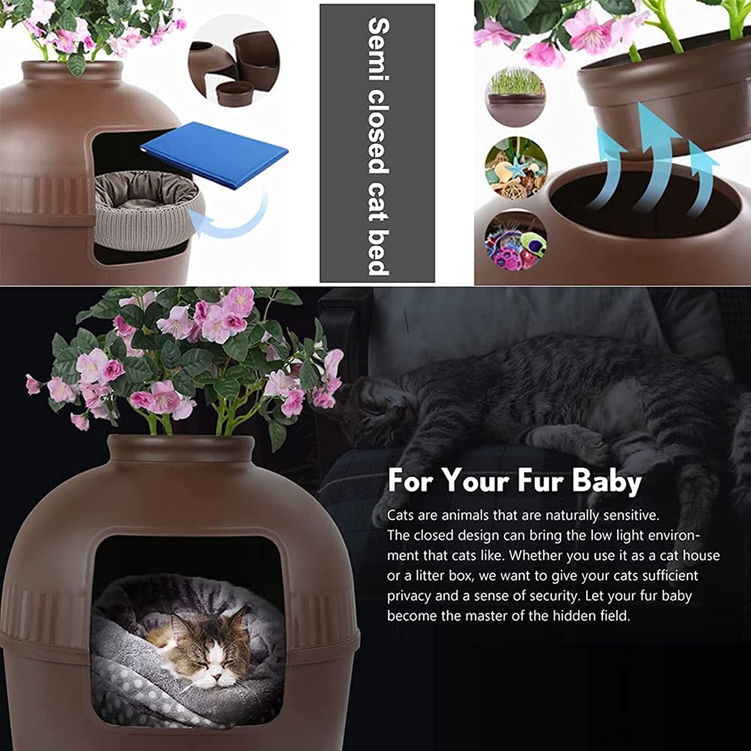 YES4PETS Multifunctional Cat Litter Box Pet Cat House Semi-Enclosed Brown-Pet Care > Cat Supplies-PEROZ Accessories