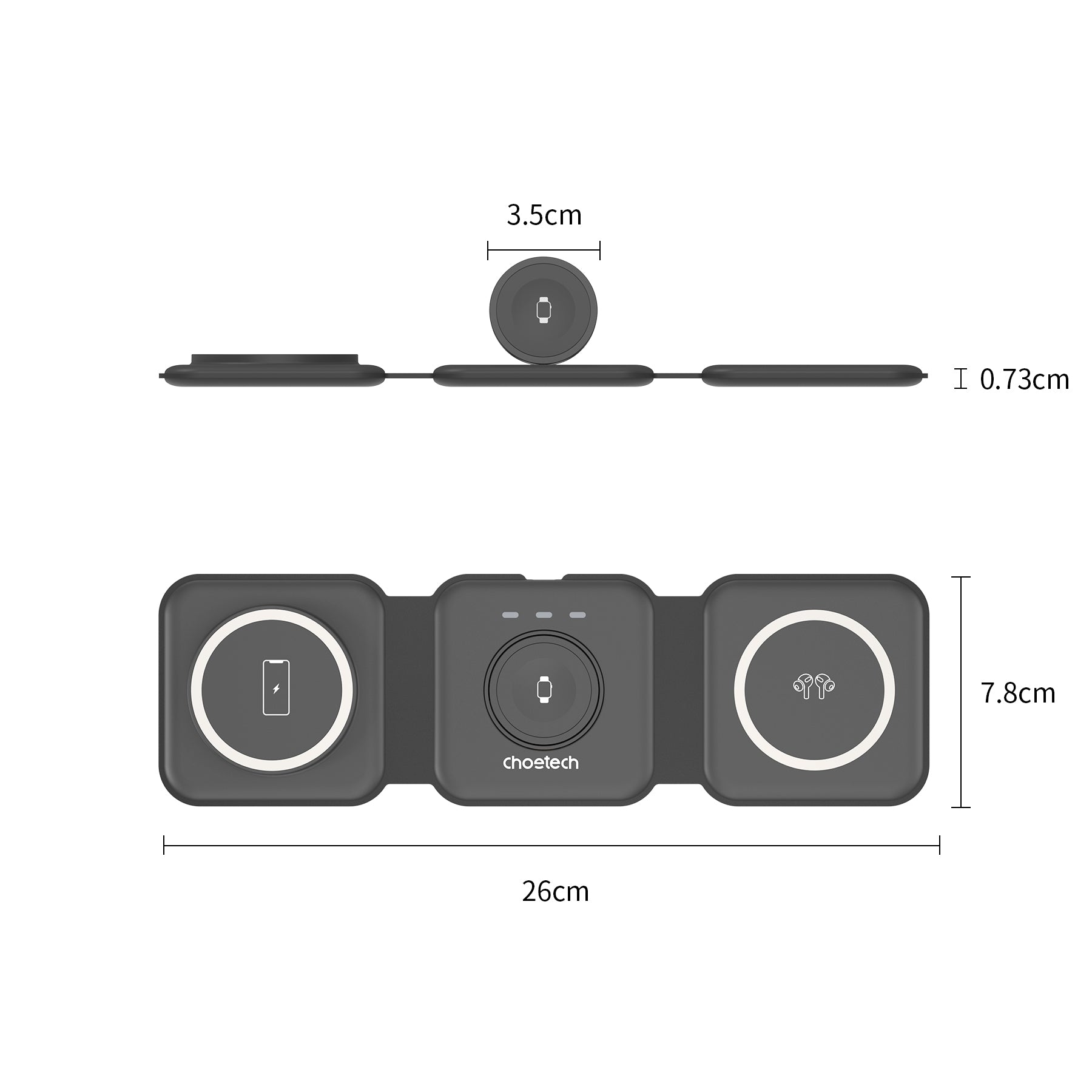 CHOETECH T588-F-BK 3-in-1 Foldable Fast Wireless Charger for Phone/Watch/Earphone-Electronics > Mobile Accessories-PEROZ Accessories