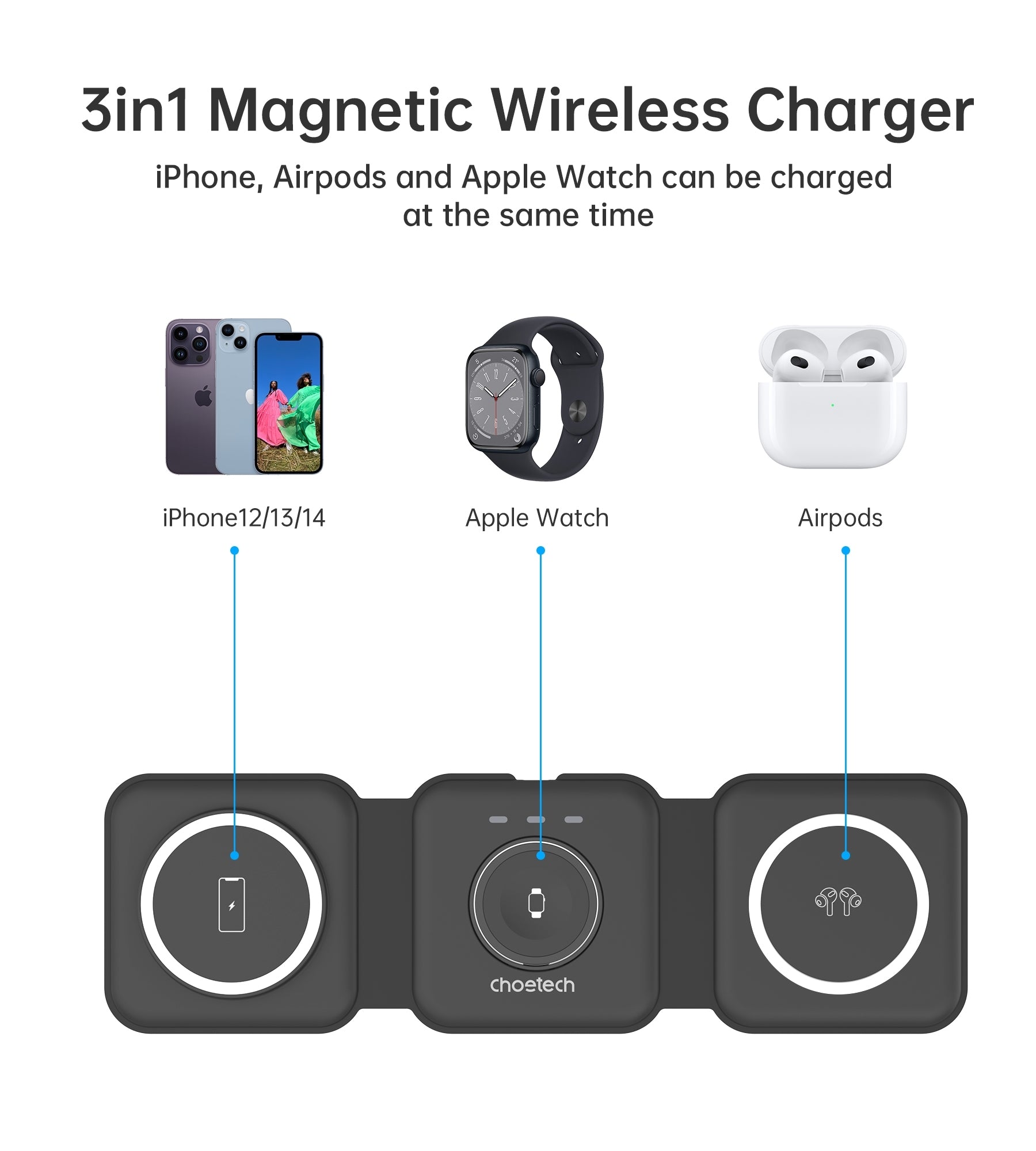 CHOETECH T588-F-BK 3-in-1 Foldable Fast Wireless Charger for Phone/Watch/Earphone-Electronics > Mobile Accessories-PEROZ Accessories