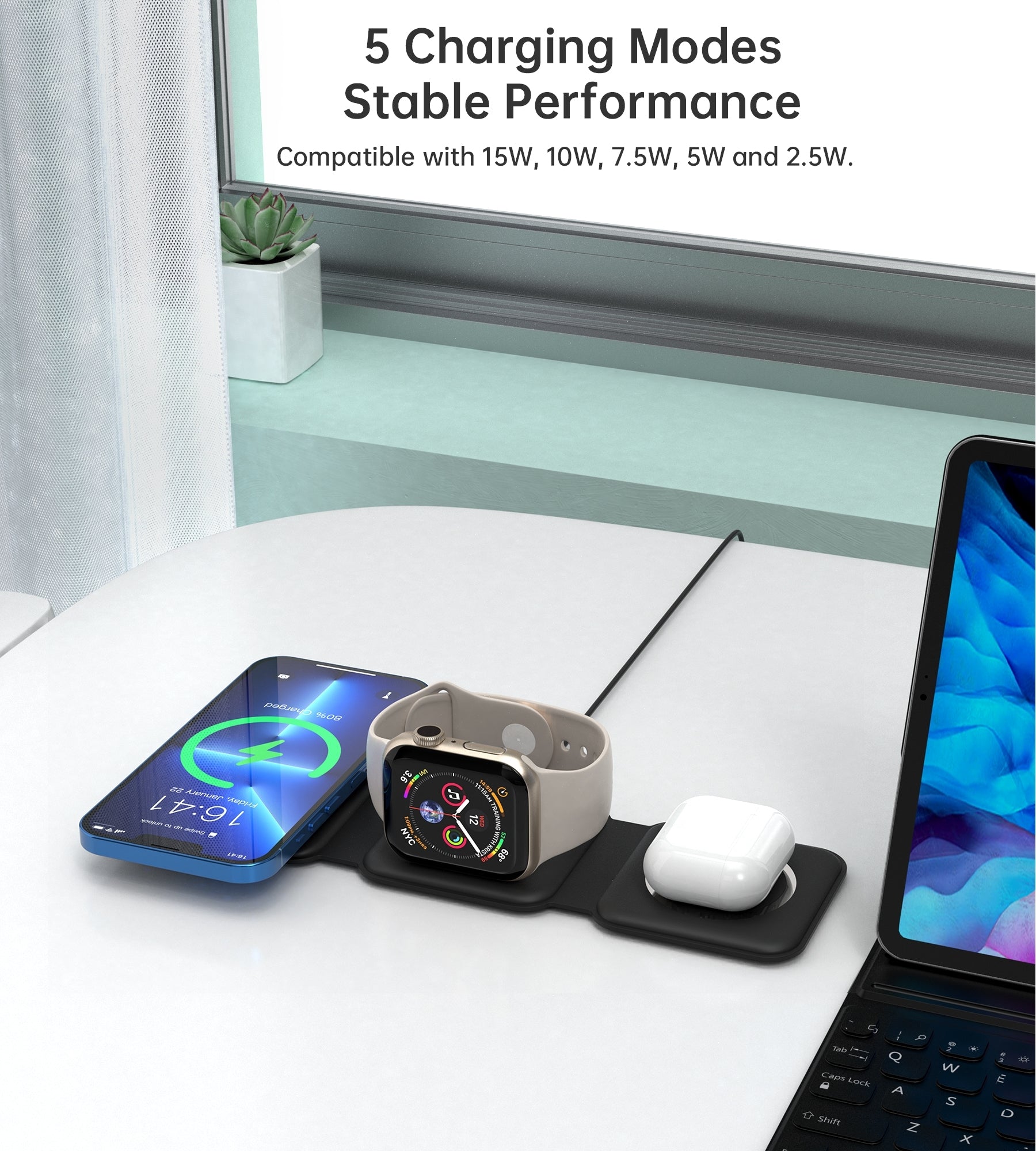 CHOETECH T588-F-BK 3-in-1 Foldable Fast Wireless Charger for Phone/Watch/Earphone-Electronics > Mobile Accessories-PEROZ Accessories
