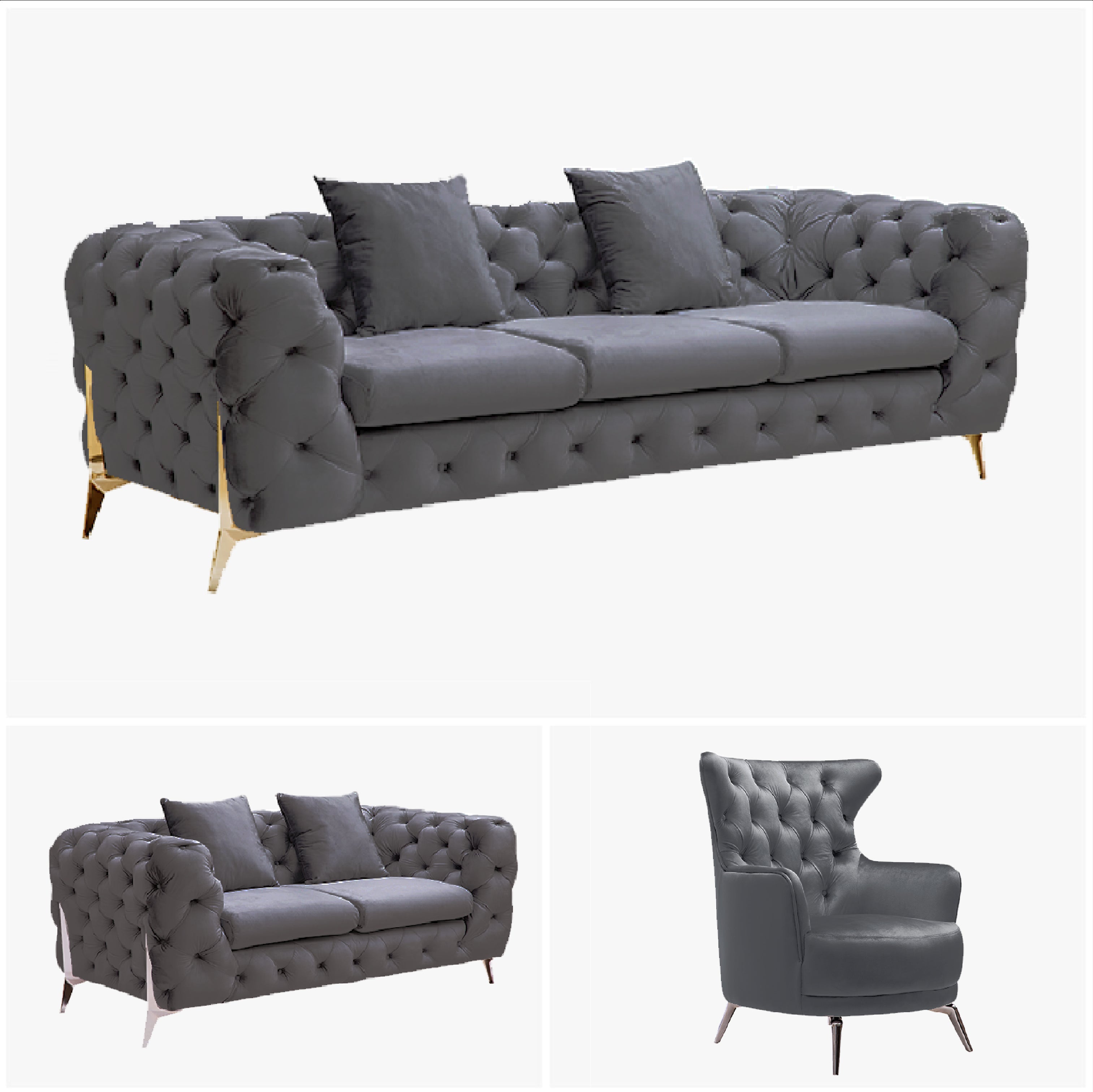 Grand Tufted Lounge - Dark Grey Velvet - Gold Legs-Furniture > Sofas-PEROZ Accessories