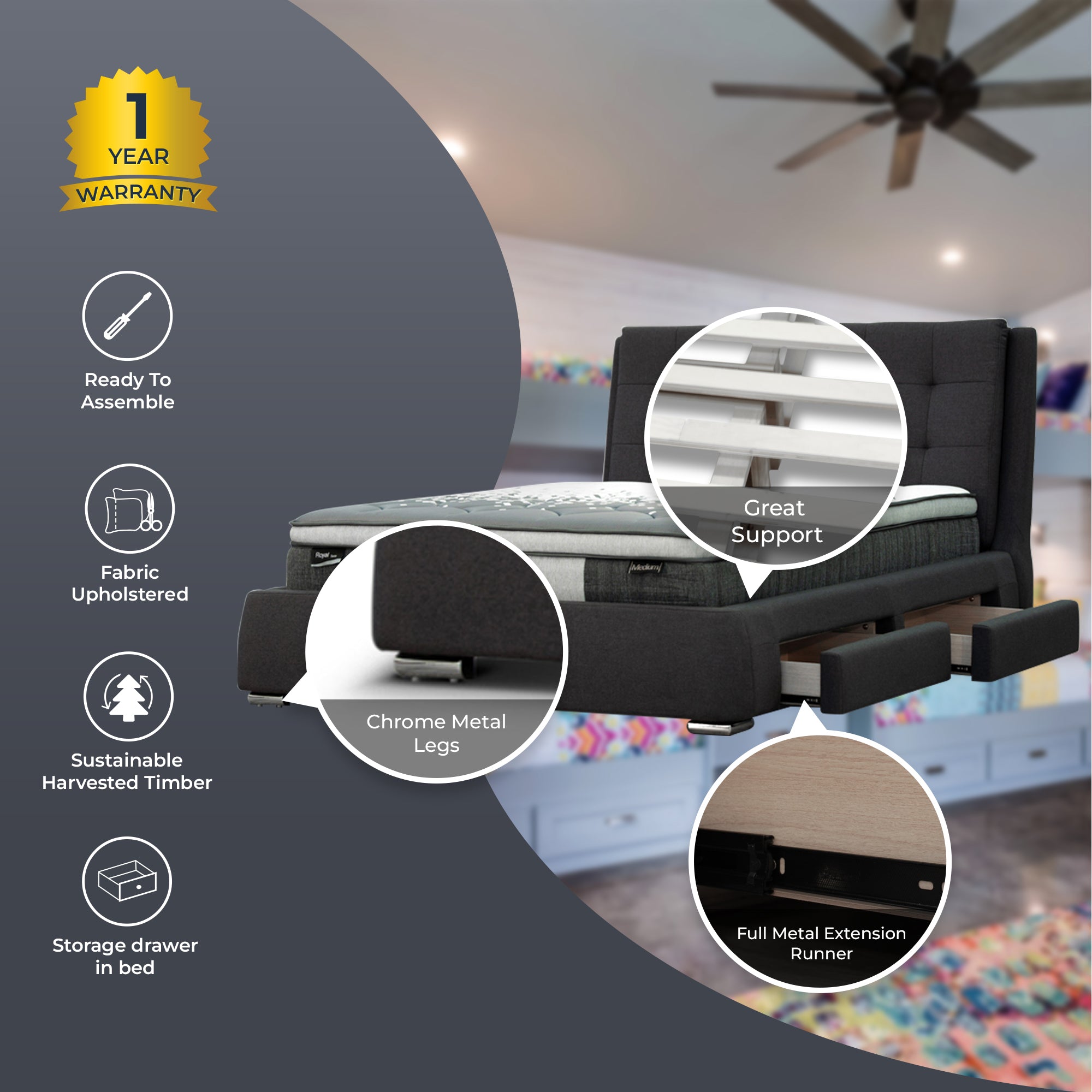 Kiama Queen Size Bed Frame Timber Mattress Base With Storage Drawers - Grey-Furniture > Bedroom-PEROZ Accessories