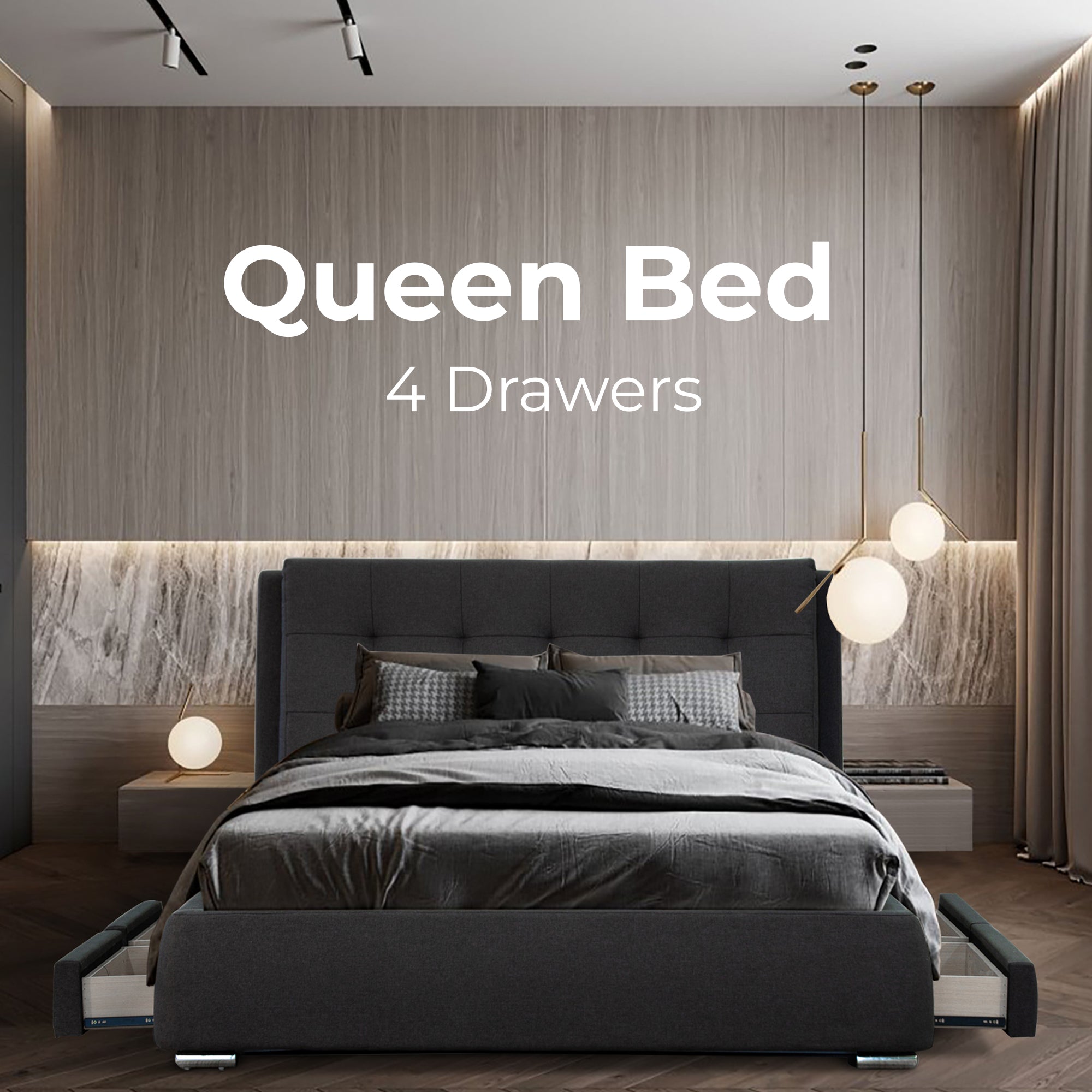 Kiama Queen Size Bed Frame Timber Mattress Base With Storage Drawers - Grey-Furniture > Bedroom-PEROZ Accessories