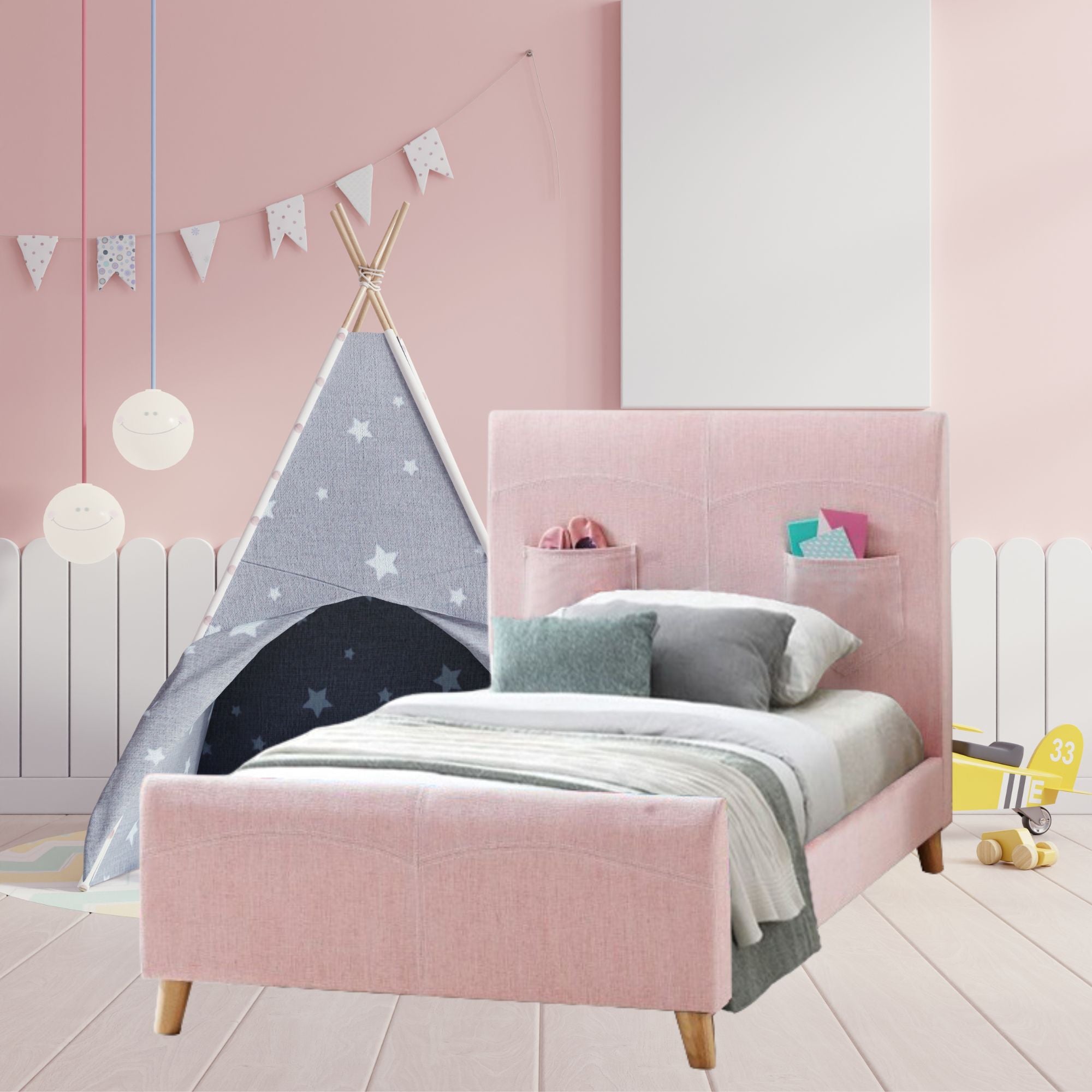 Phlox Kids Child Single Bed Fabric Upholstered Children Kid Timber Frame - Pink-Furniture > Bedroom-PEROZ Accessories