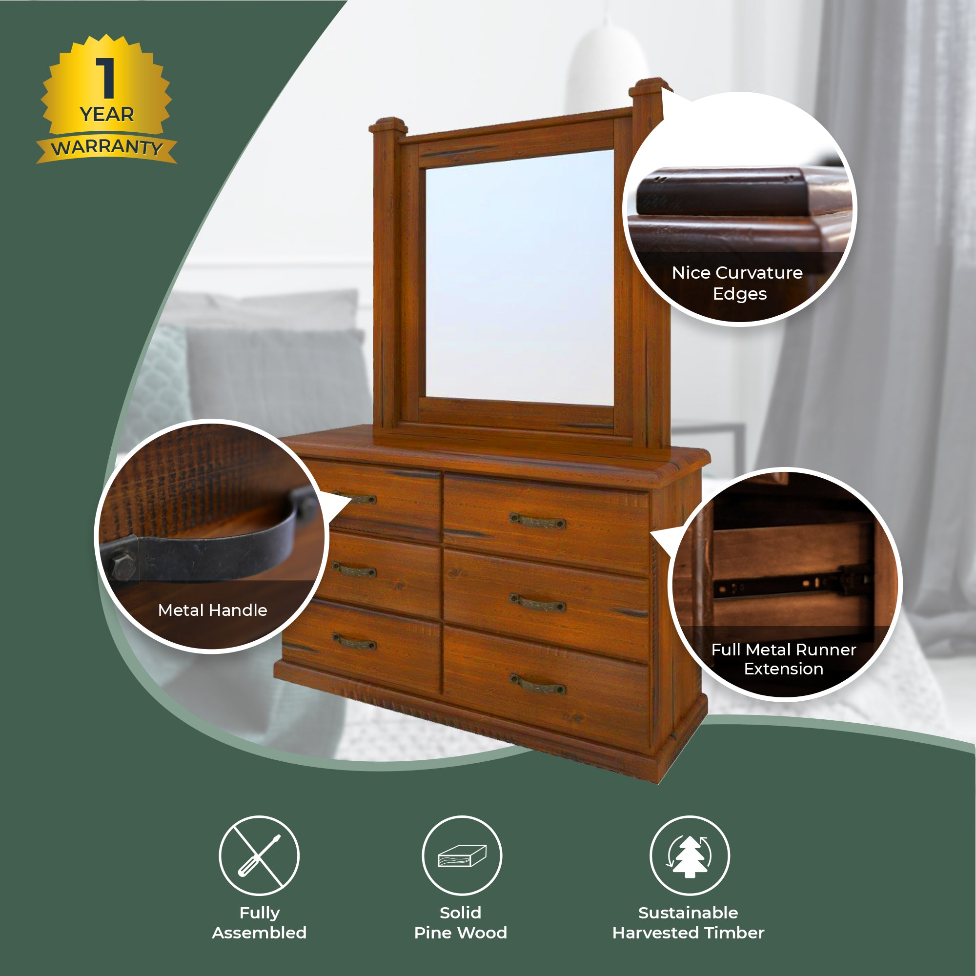 Umber Dresser Mirror 7 Chest of Drawers Solid Wood Storage Cabinet - Dark Brown-Furniture > Bedroom-PEROZ Accessories