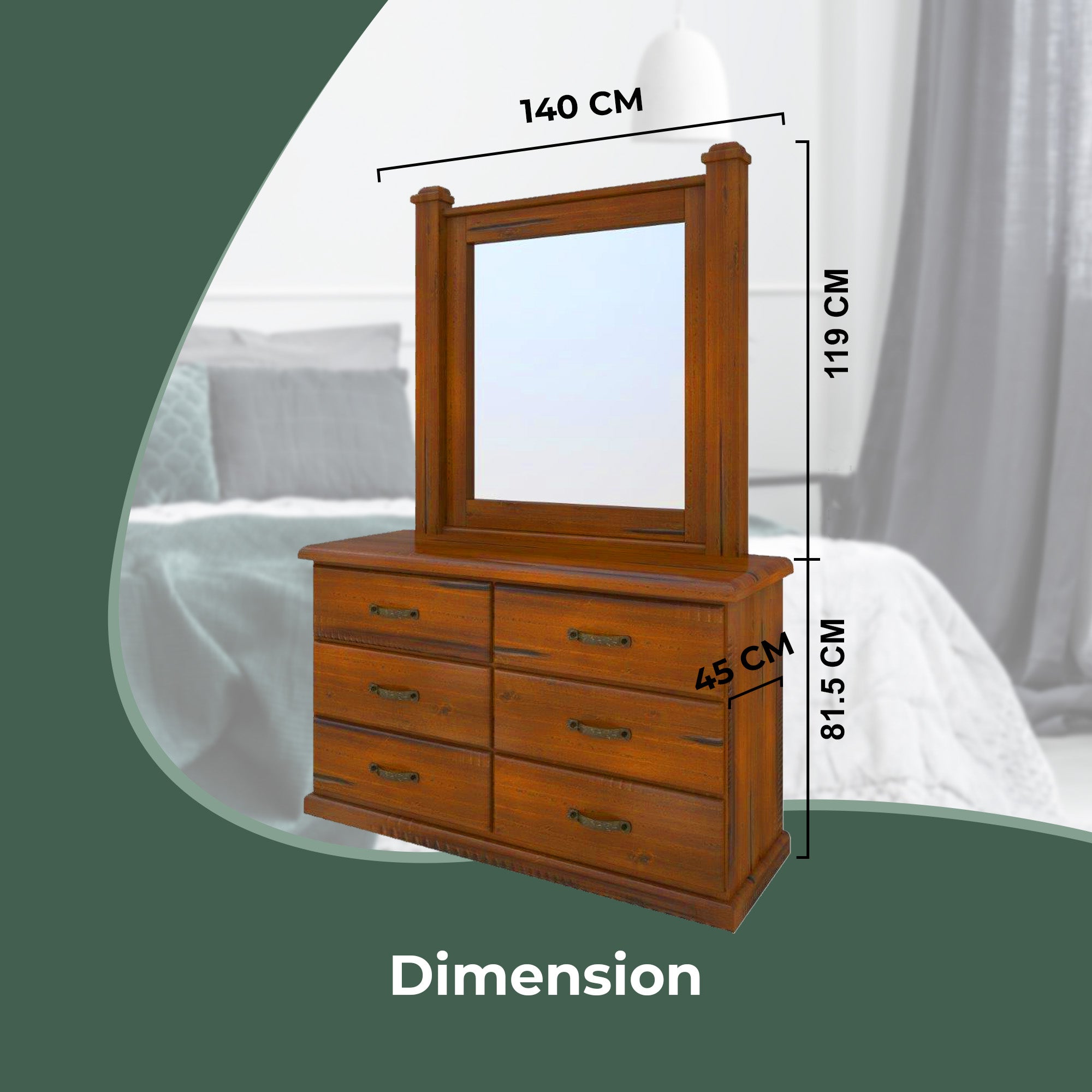 Umber Dresser Mirror 7 Chest of Drawers Solid Wood Storage Cabinet - Dark Brown-Furniture > Bedroom-PEROZ Accessories