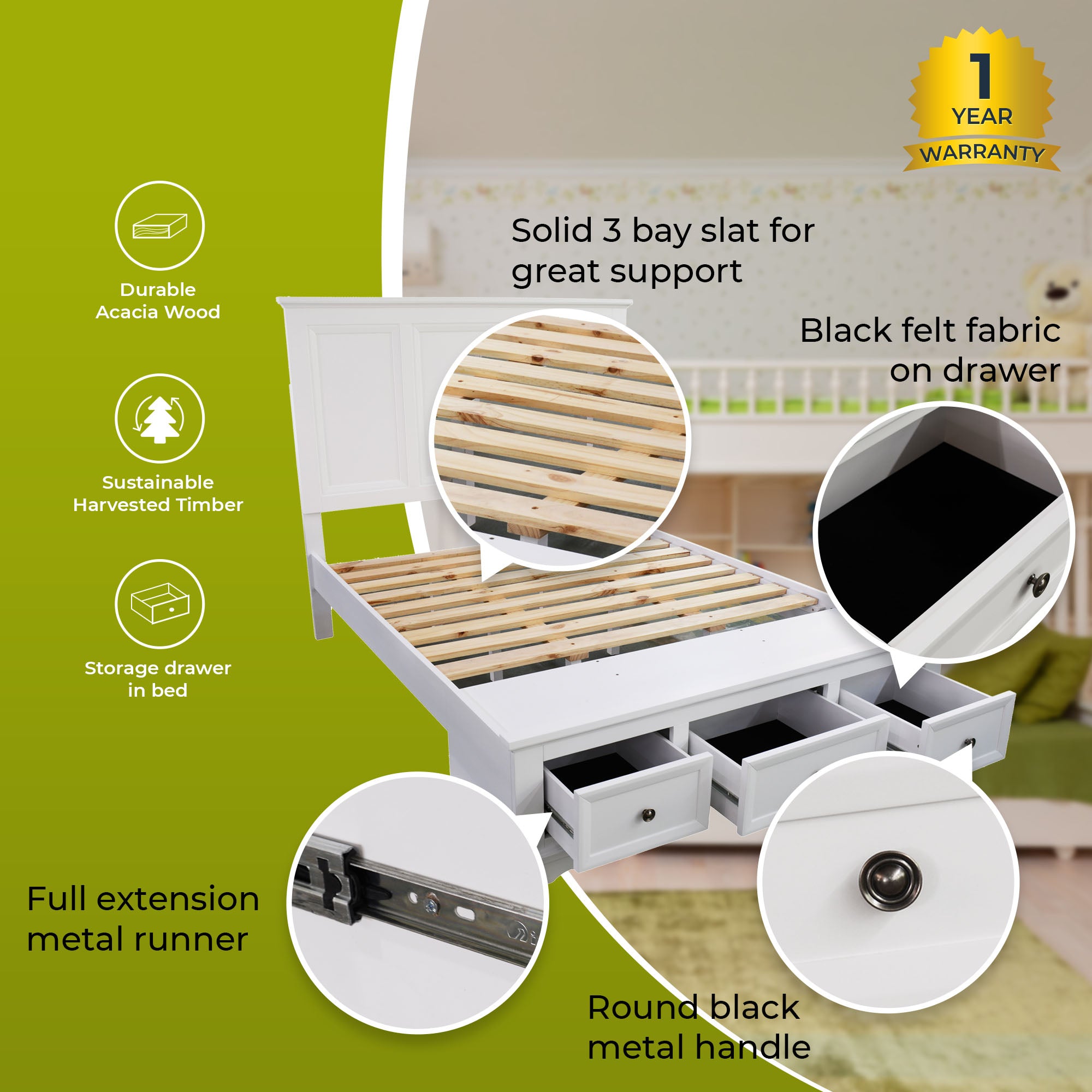 Celosia Queen Size Bed Frame Timber Mattress Base With Storage Drawers - White-Furniture > Bedroom-PEROZ Accessories