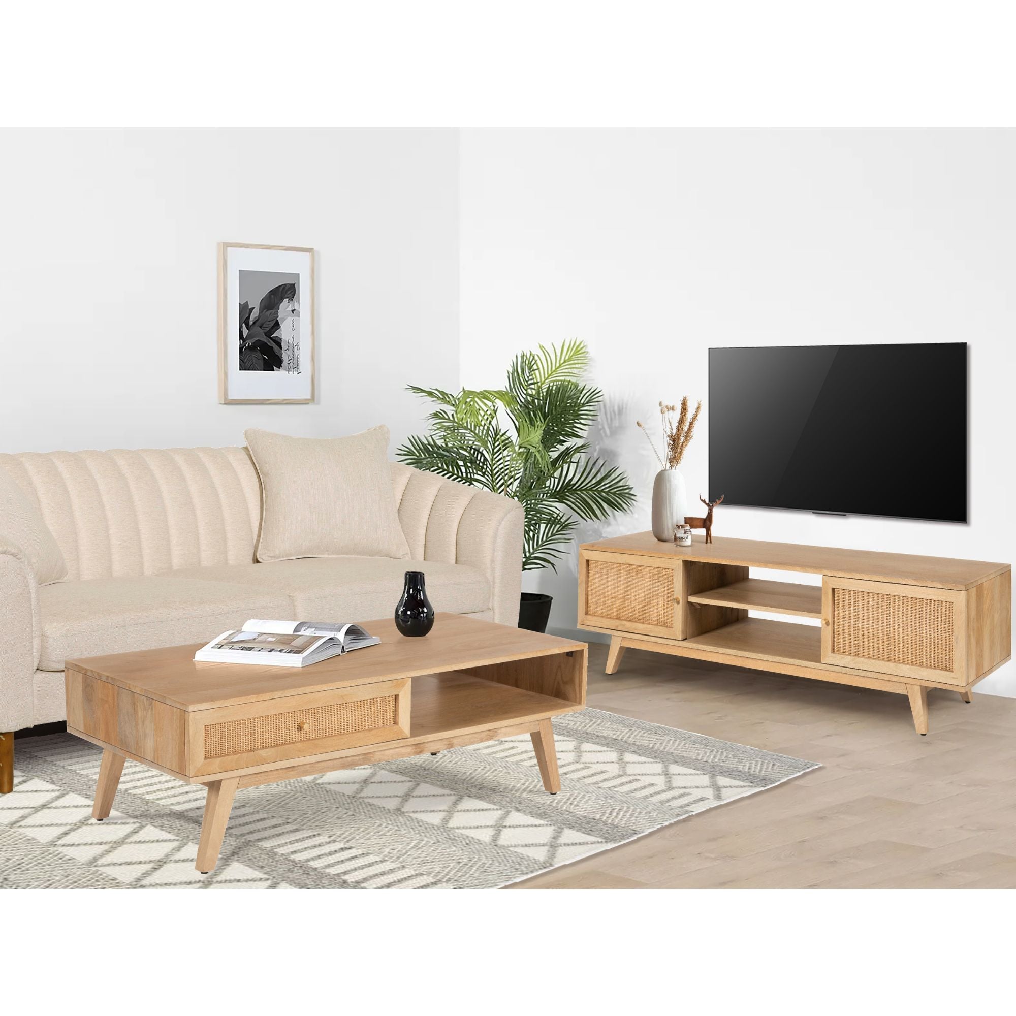 Olearia Coffee Table 120cm Solid Mango Timber Wood Rattan Furniture Natural-Furniture > Living Room-PEROZ Accessories