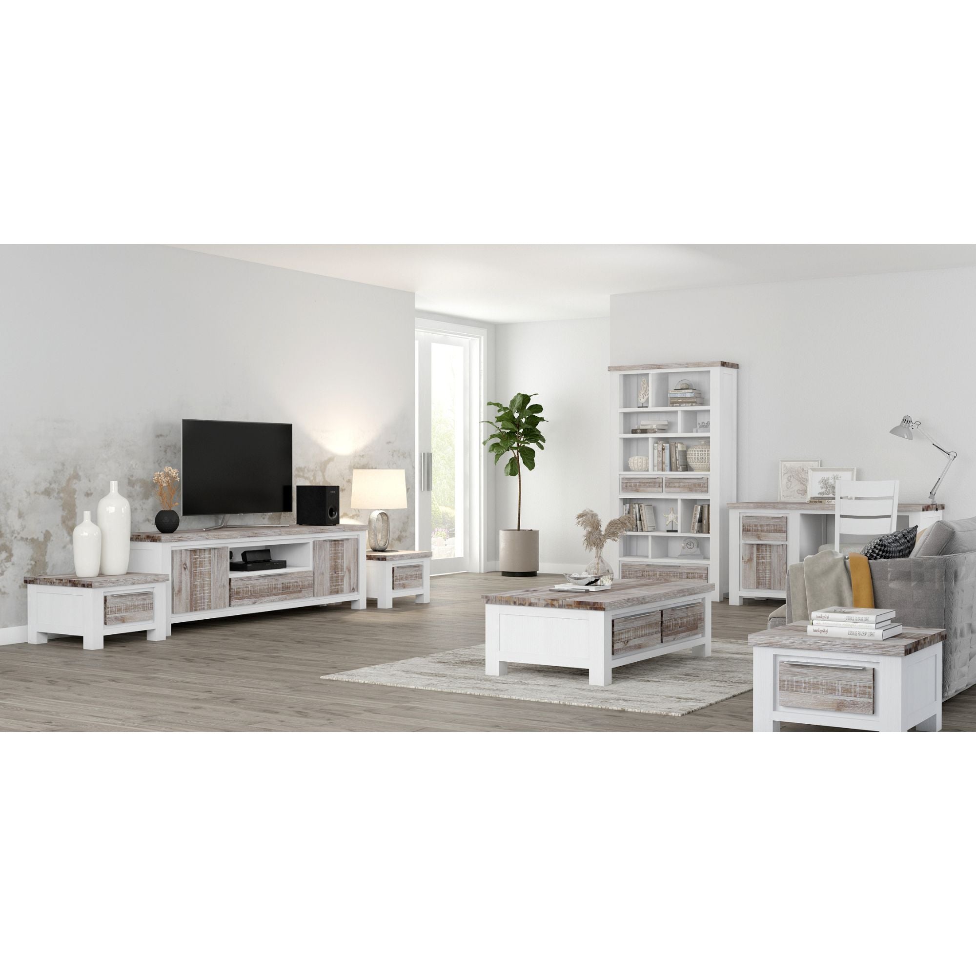Plumeria ETU Entertainment TV Unit 210cm 2 Door Solid Acacia Timber -White Brush-Entertainment Unit-PEROZ Accessories