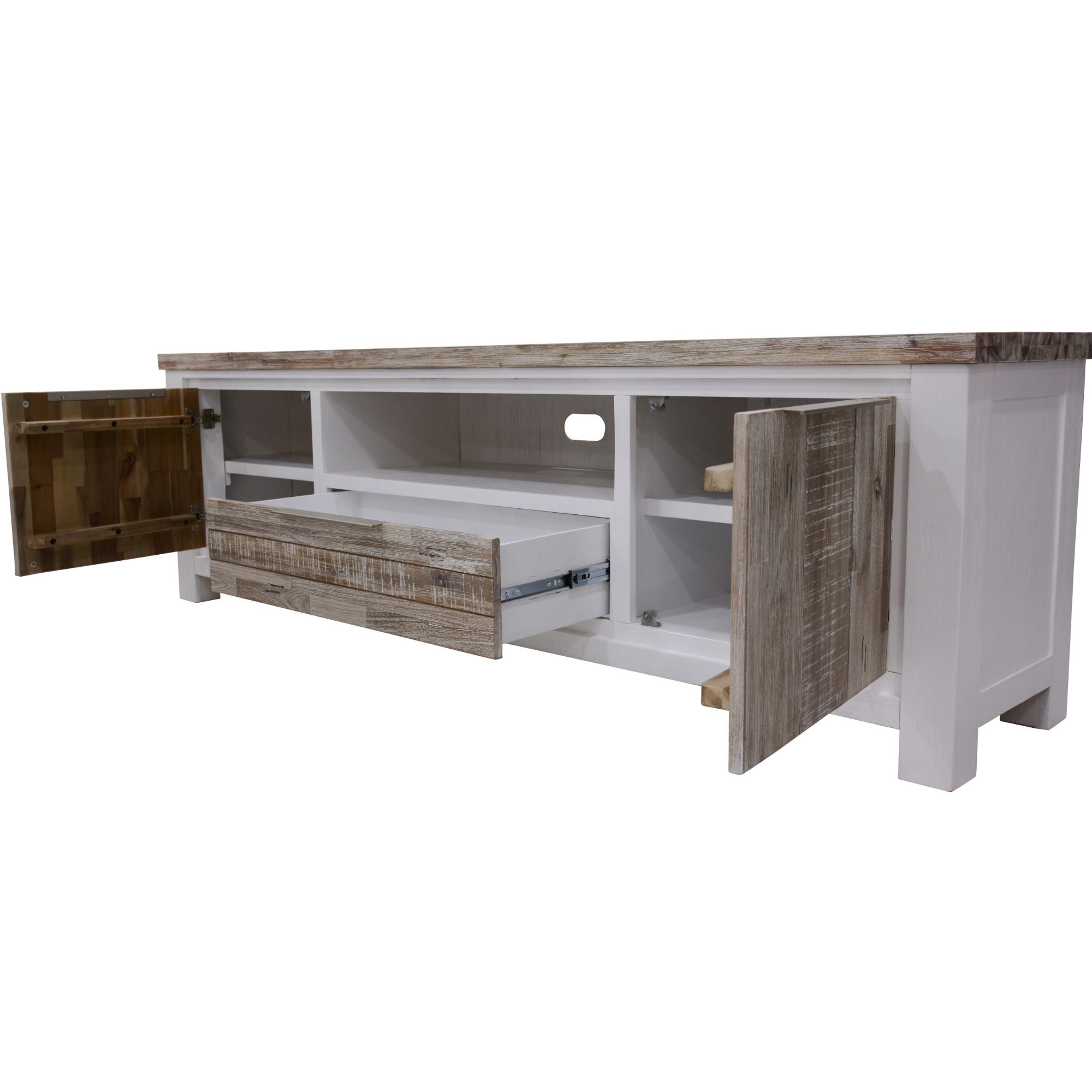 Plumeria ETU Entertainment TV Unit 210cm 2 Door Solid Acacia Timber -White Brush-Entertainment Unit-PEROZ Accessories