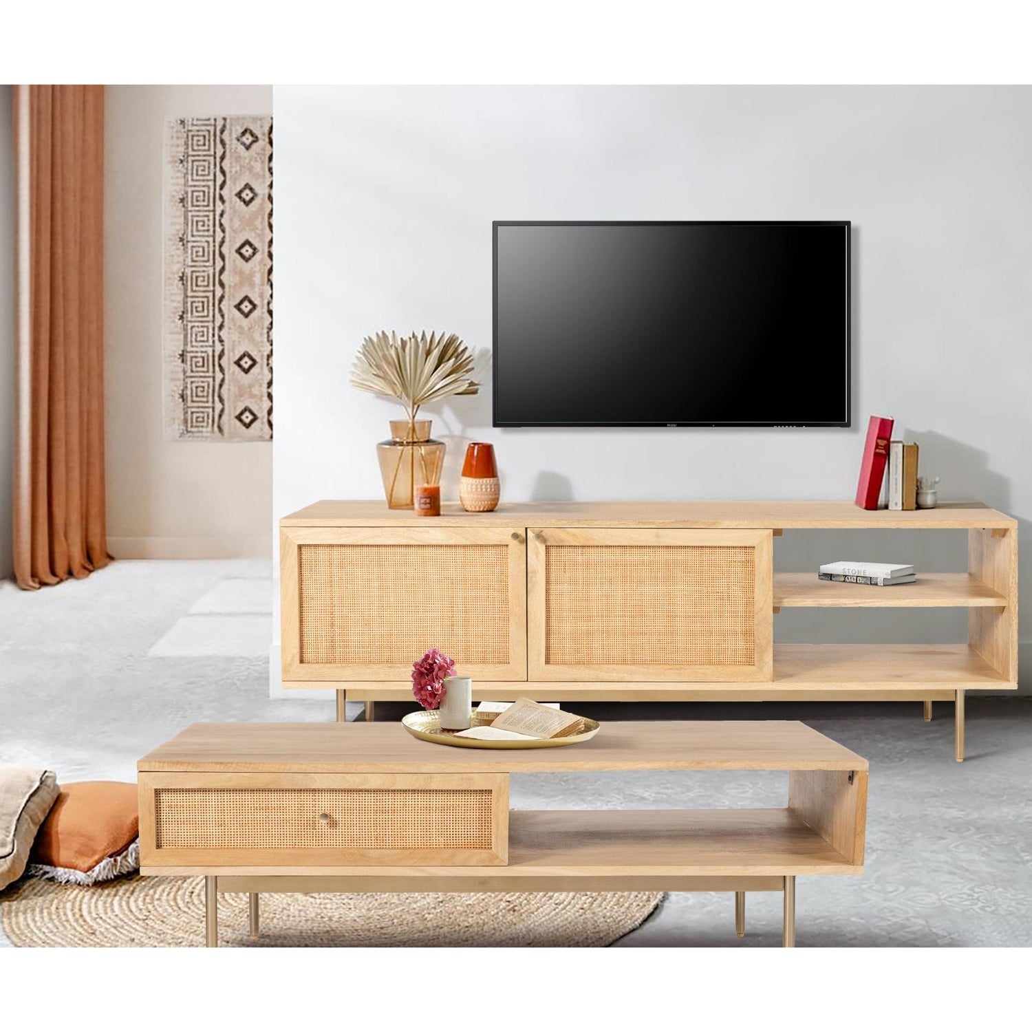 Martina ETU Entertainment TV Unit 175cm Solid Mango Wood Rattan Furniture-Entertainment Units-PEROZ Accessories