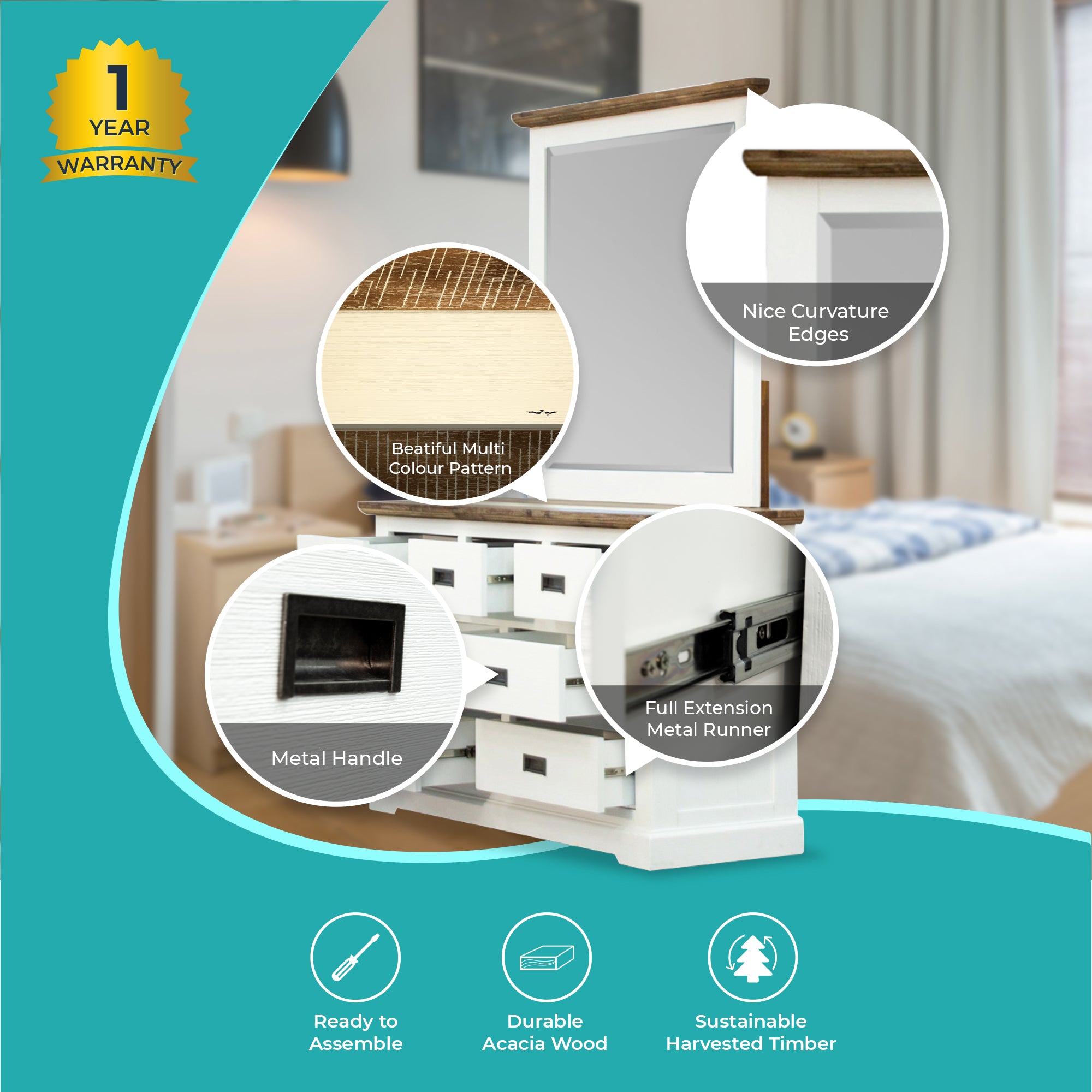 Orville Dresser Mirror 7 Chest of Drawers Tallboy Storage Cabinet - Multi Color-Furniture > Bedroom-PEROZ Accessories