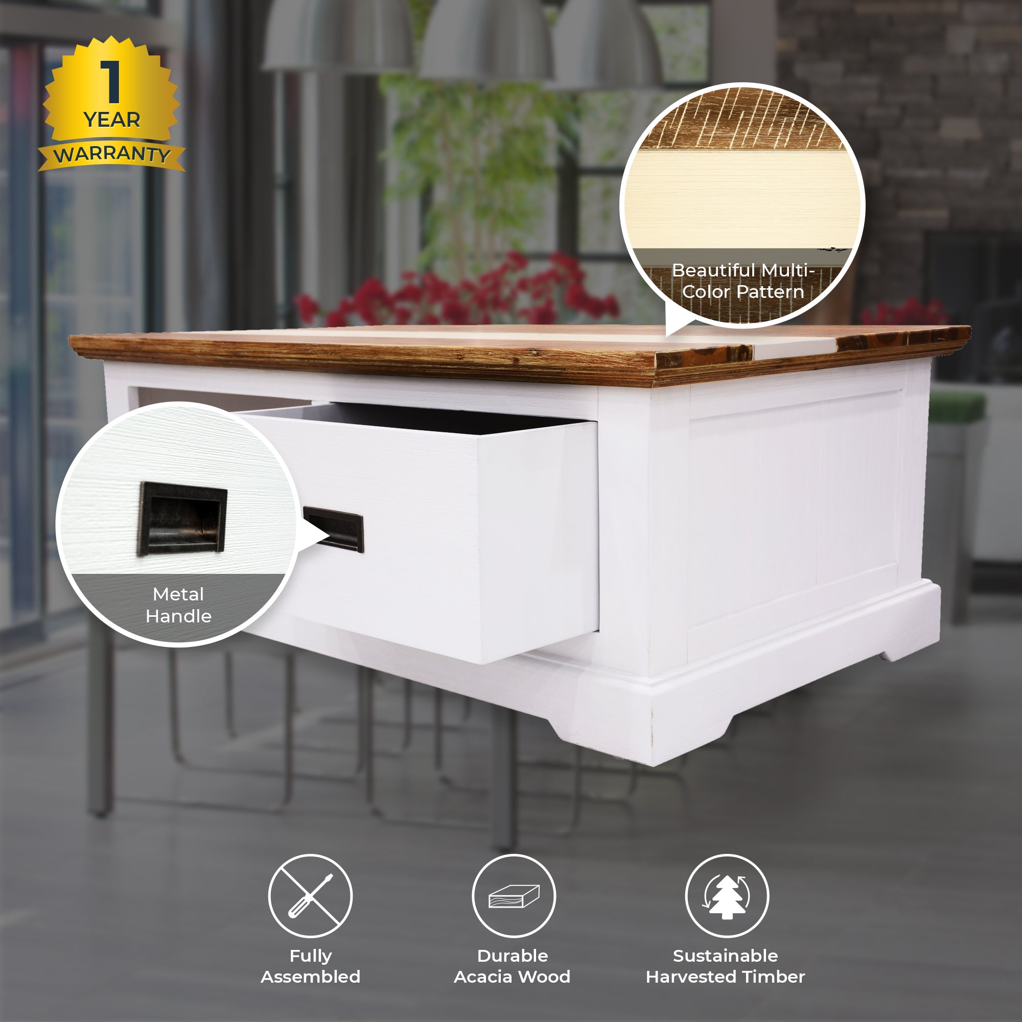 Orville Coffee Table 120cm 1 Drawer Solid Acacia Timber Wood - Multi Color-Furniture > Living Room-PEROZ Accessories