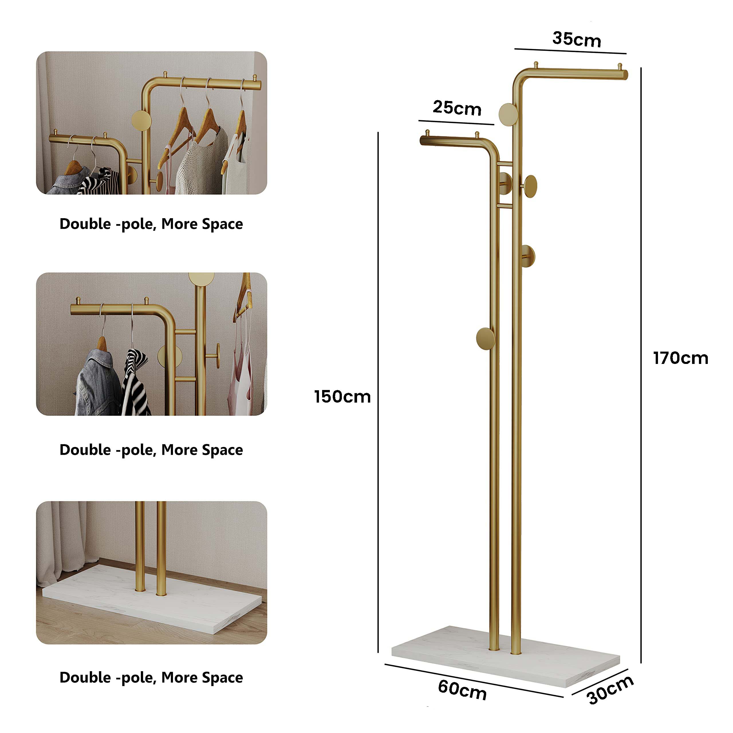 Metal Coat Rack Marble Base Hooks Clothes Coats Bag Tree Hat Display Hanger Stand Organiser 2 Pole-Furniture > Bedroom-PEROZ Accessories