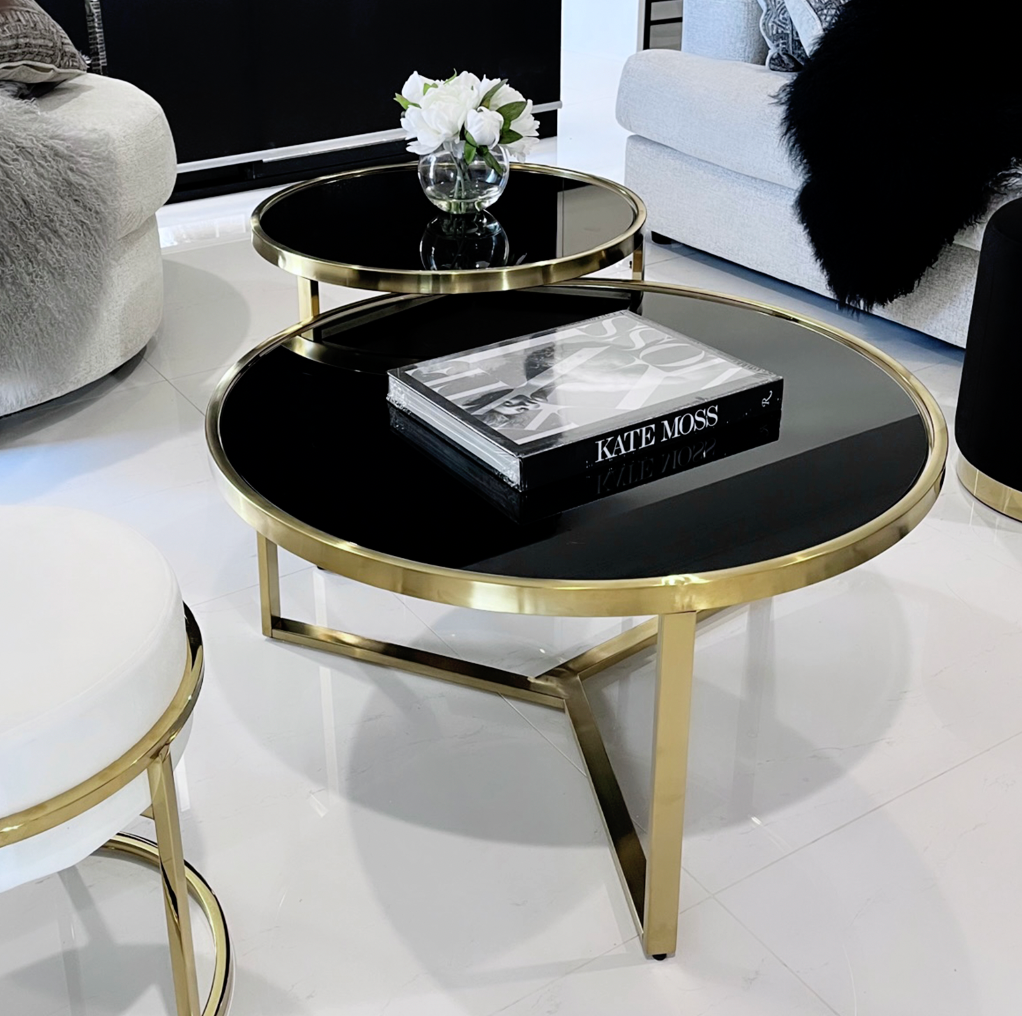 Interior Ave - Designer Giselle Black Glass & Brushed Gold Coffee Table Set-Furniture > Living Room-PEROZ Accessories