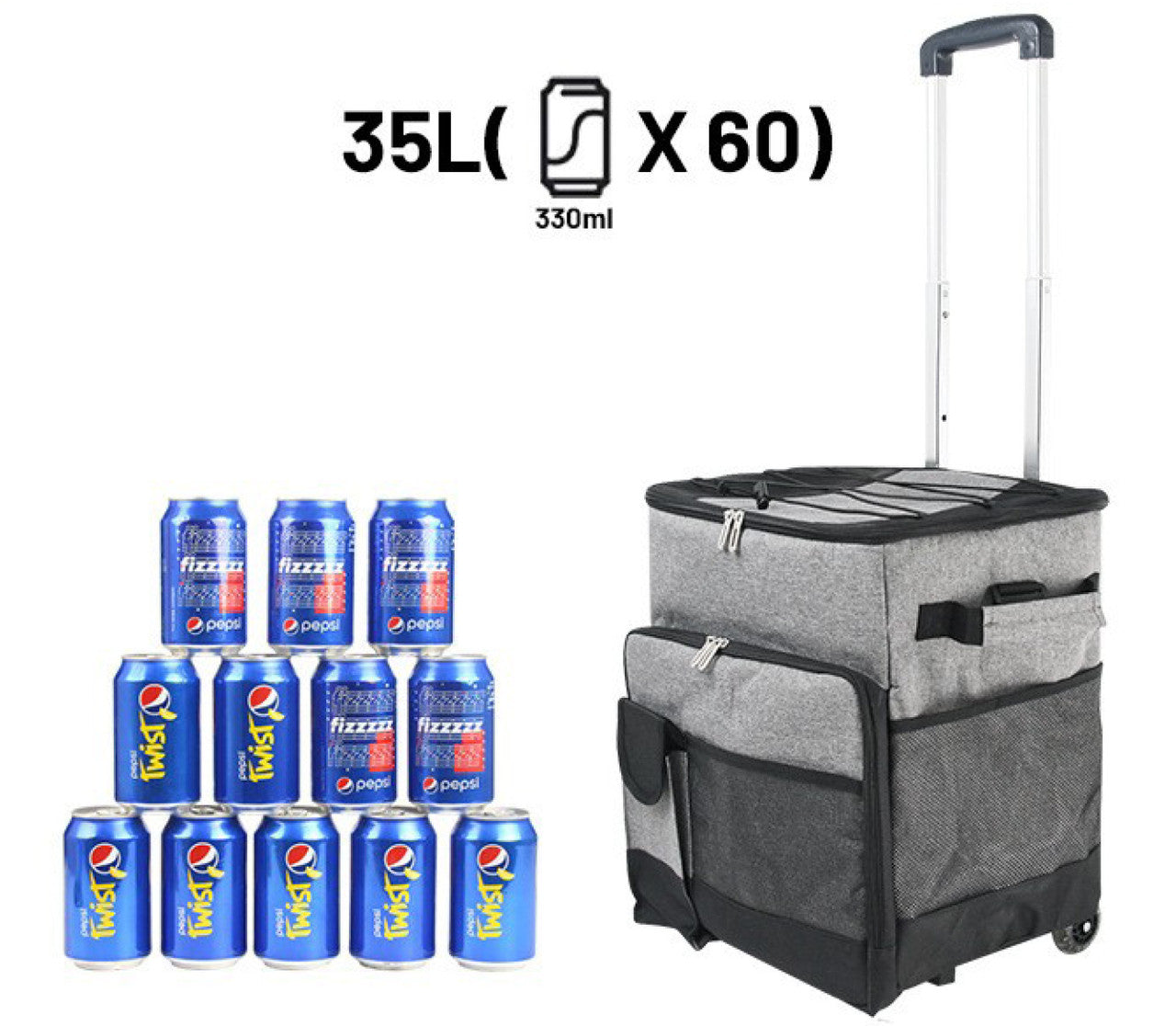Cooler Picnic Bag Trolley Thermally Insulated - 36L - 60 cans - Grey - Drinks Food Cool Bag Rainproof-Outdoor > Picnic-PEROZ Accessories
