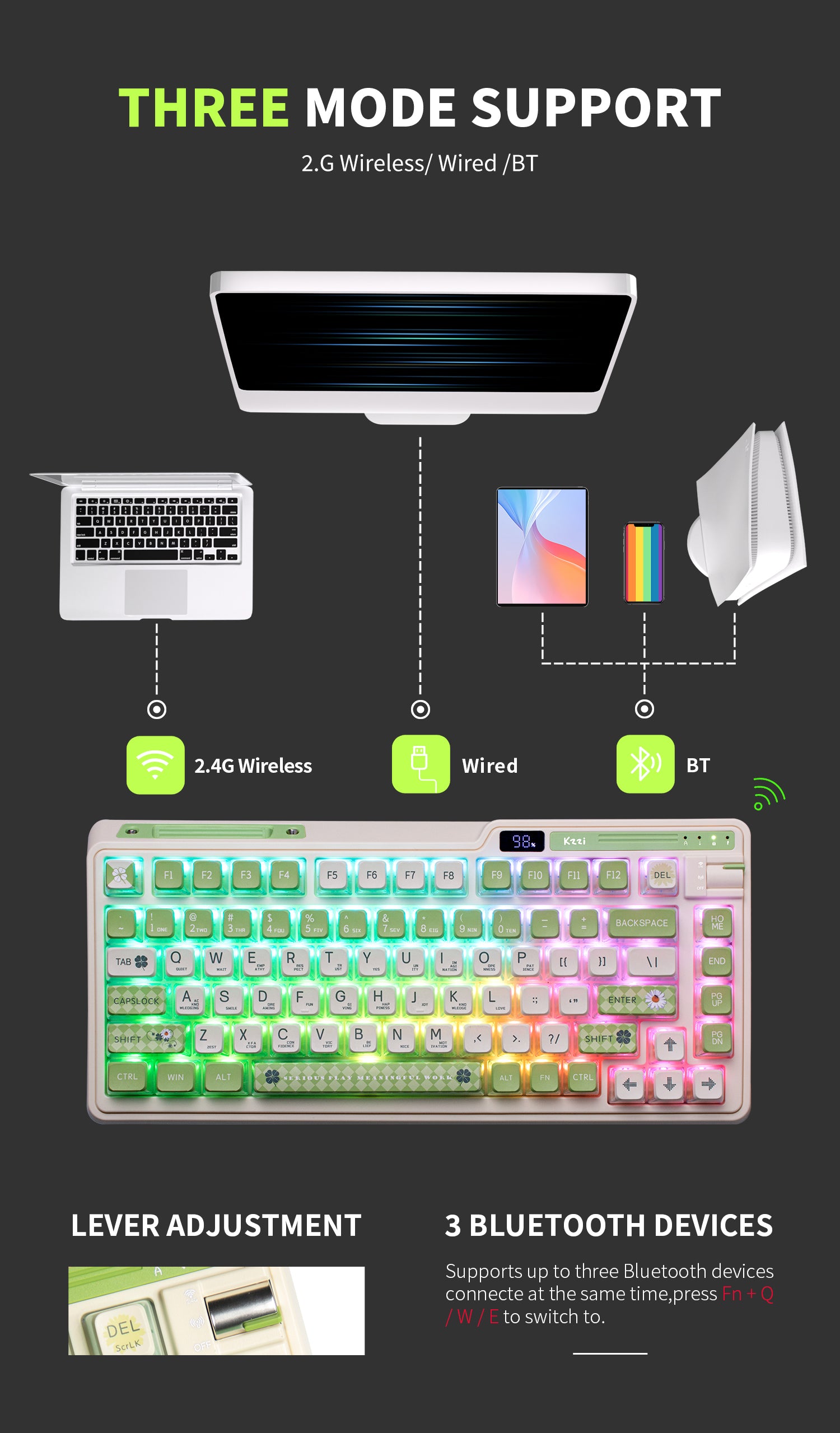 KZZI K75 PRO RGB 75% Wireless Gasket Mechanical Lemon Green Keyboard, Triple Mode, Eternity Tactile Switch-Electronics > Computer Accessories-PEROZ Accessories