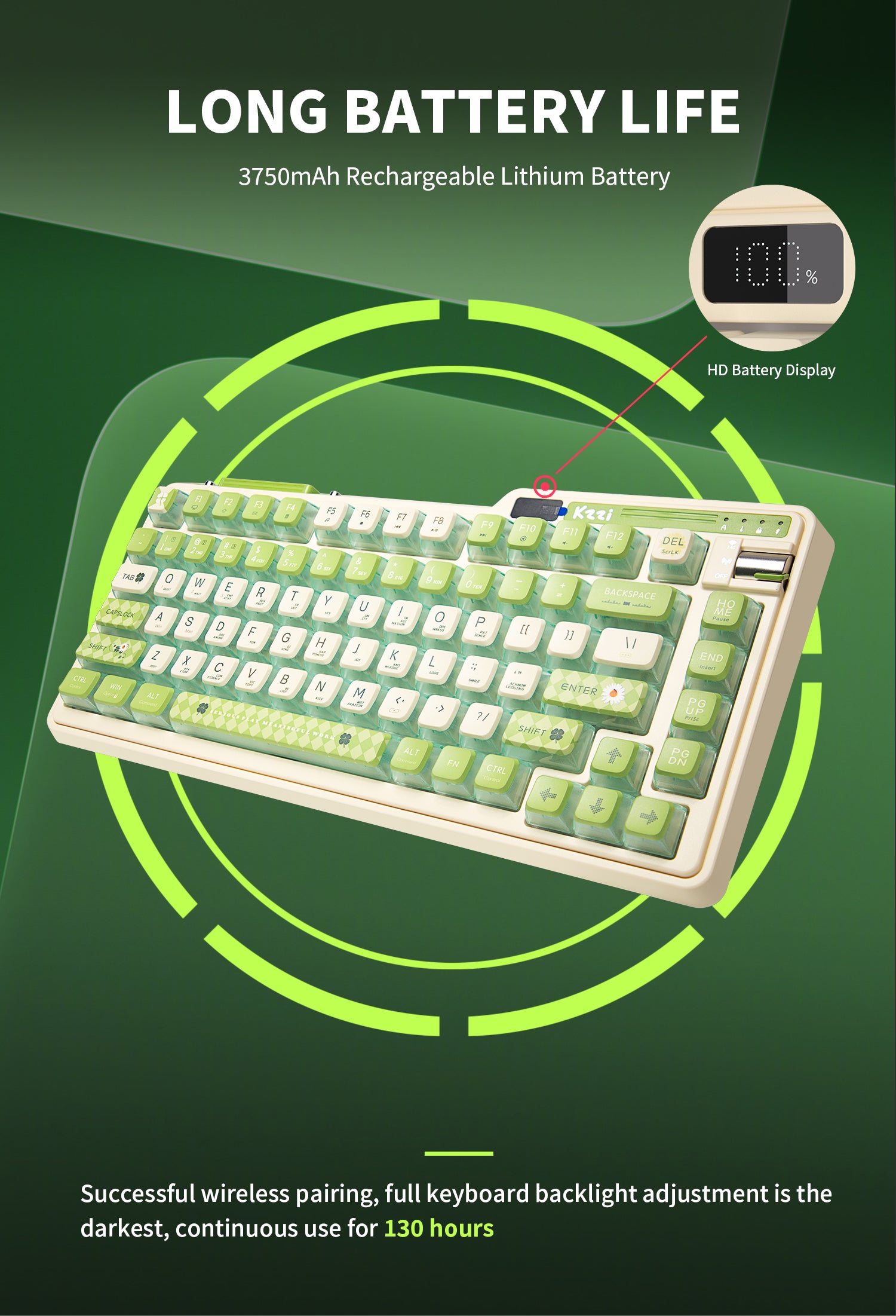 KZZI K75 PRO RGB 75% Wireless Gasket Mechanical Lemon Green Keyboard, Triple Mode, Eternity Tactile Switch-Electronics > Computer Accessories-PEROZ Accessories