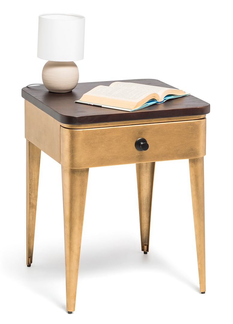 Modern Bedside Table in Brass Finish with Storage Drawer and Wood Top-Furniture > Bedroom-PEROZ Accessories