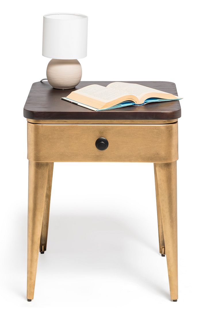 Modern Bedside Table in Brass Finish with Storage Drawer and Wood Top-Furniture > Bedroom-PEROZ Accessories