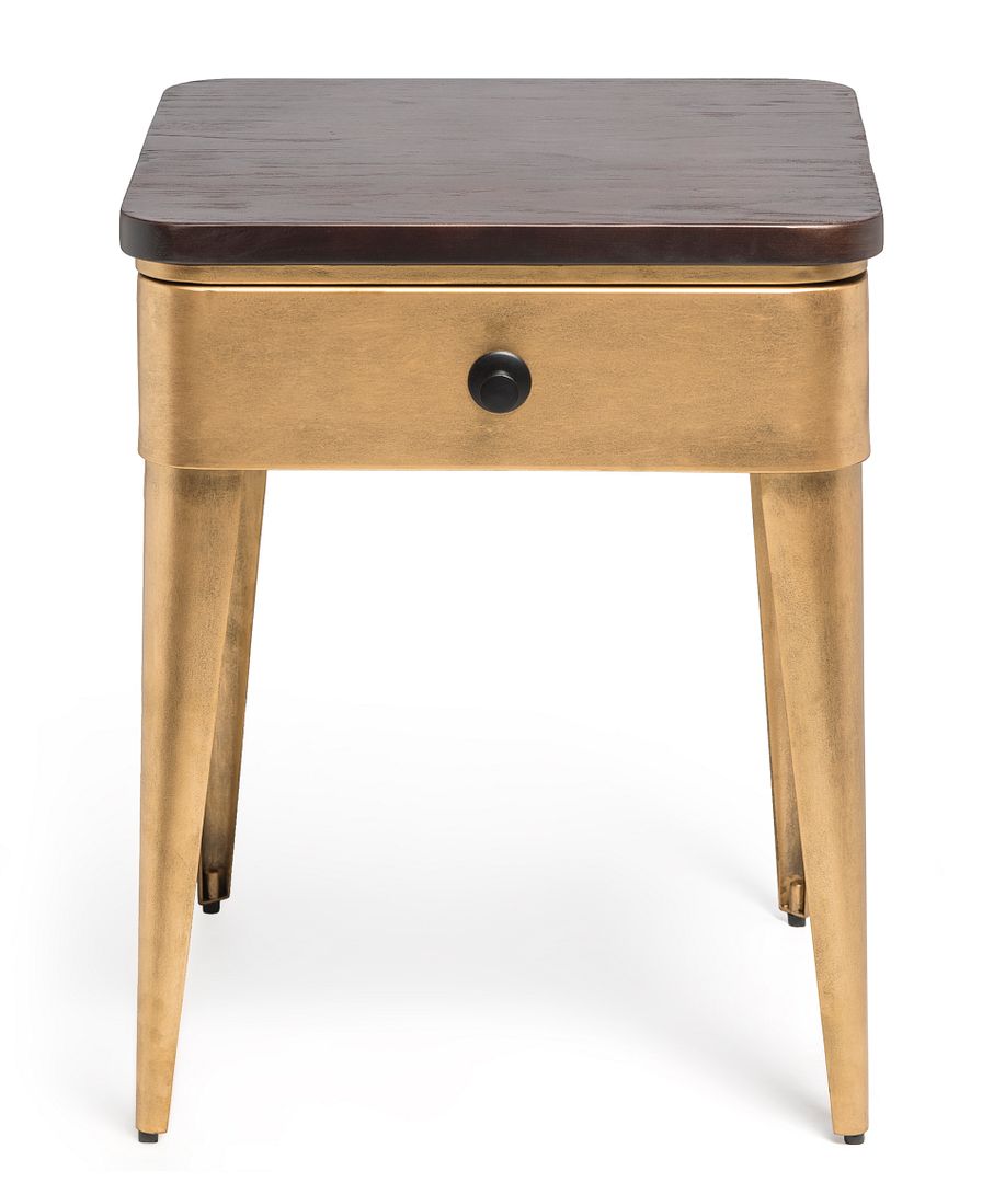Modern Bedside Table in Brass Finish with Storage Drawer and Wood Top-Furniture > Bedroom-PEROZ Accessories
