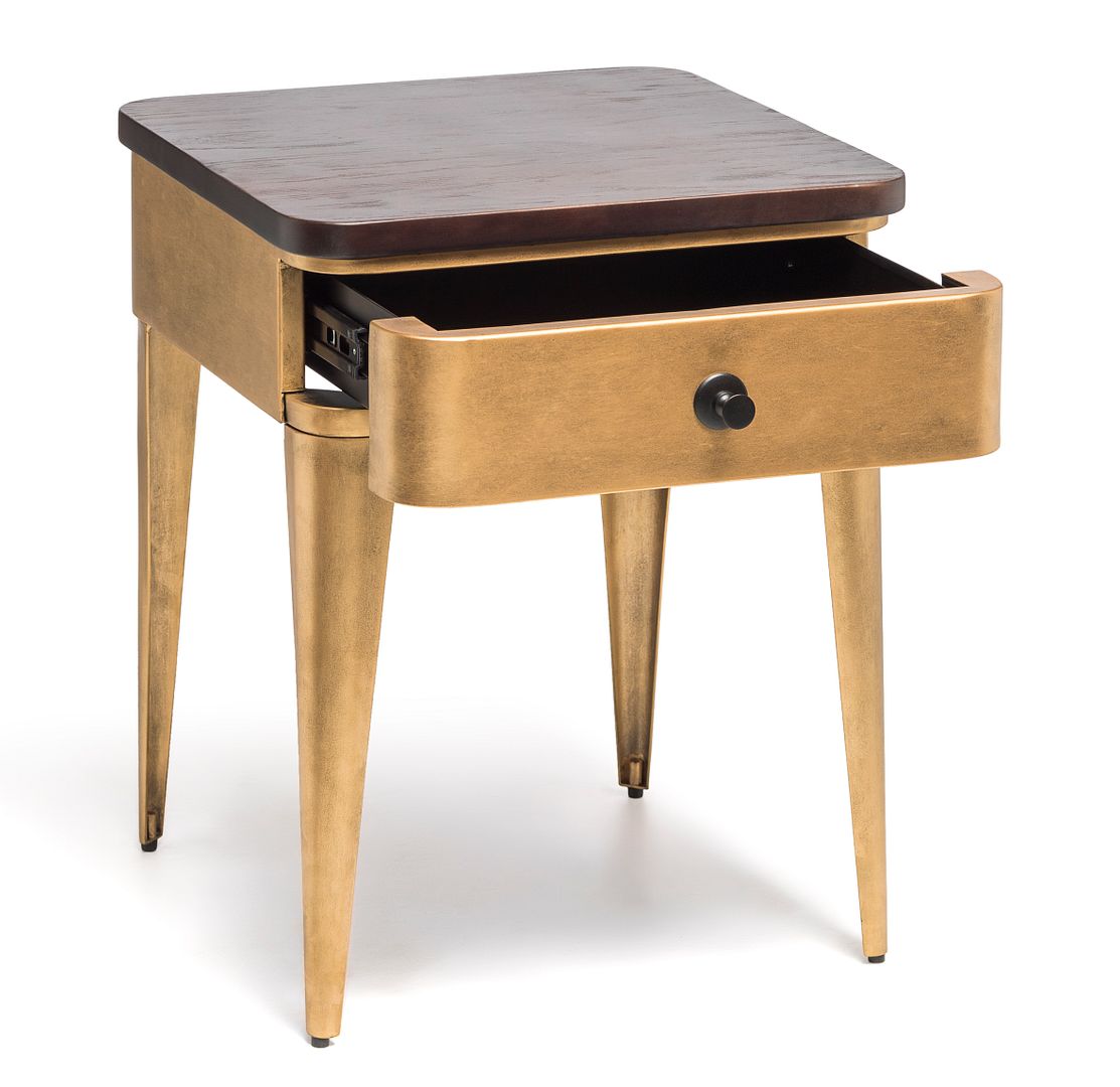 Modern Bedside Table in Brass Finish with Storage Drawer and Wood Top-Furniture > Bedroom-PEROZ Accessories