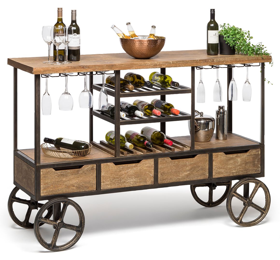 Industrial Style Wooden Bar Cart Drinks Trolley Station with Wine Bottle Rack-Furniture > Living Room-PEROZ Accessories