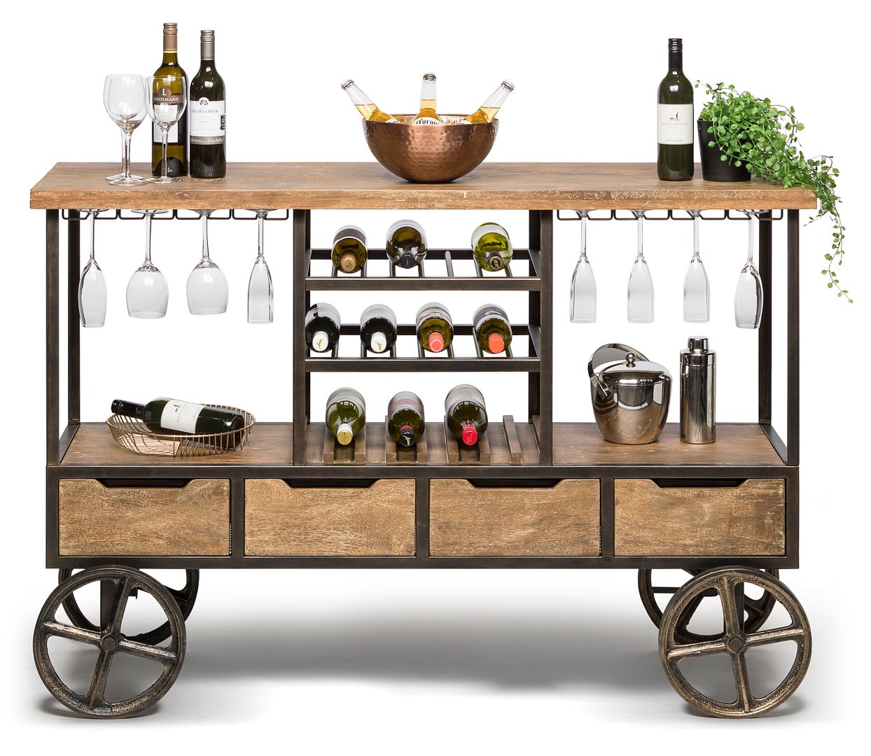Industrial Style Wooden Bar Cart Drinks Trolley Station with Wine Bottle Rack-Furniture > Living Room-PEROZ Accessories