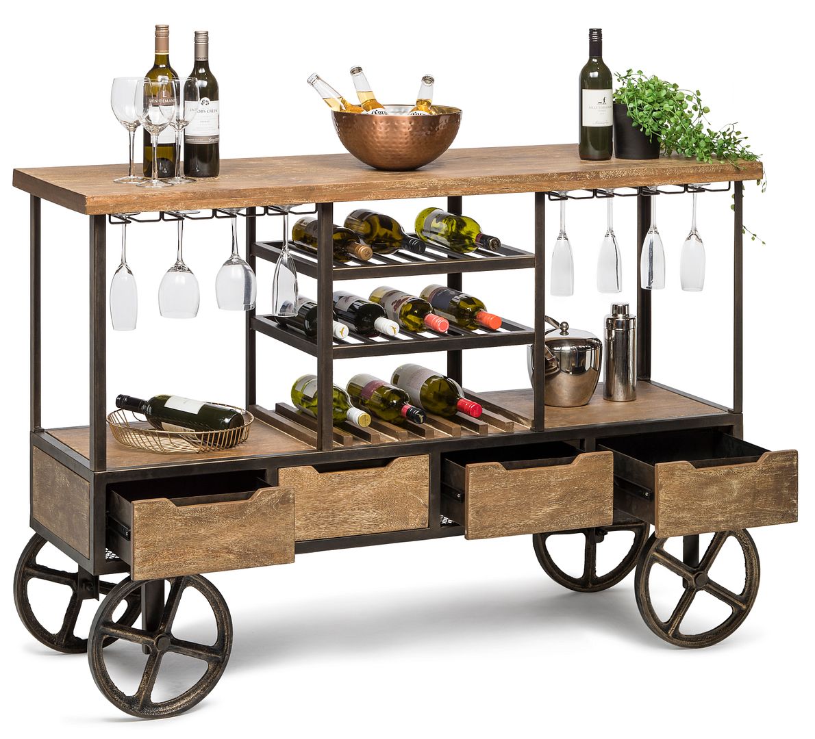 Industrial Style Wooden Bar Cart Drinks Trolley Station with Wine Bottle Rack-Furniture > Living Room-PEROZ Accessories
