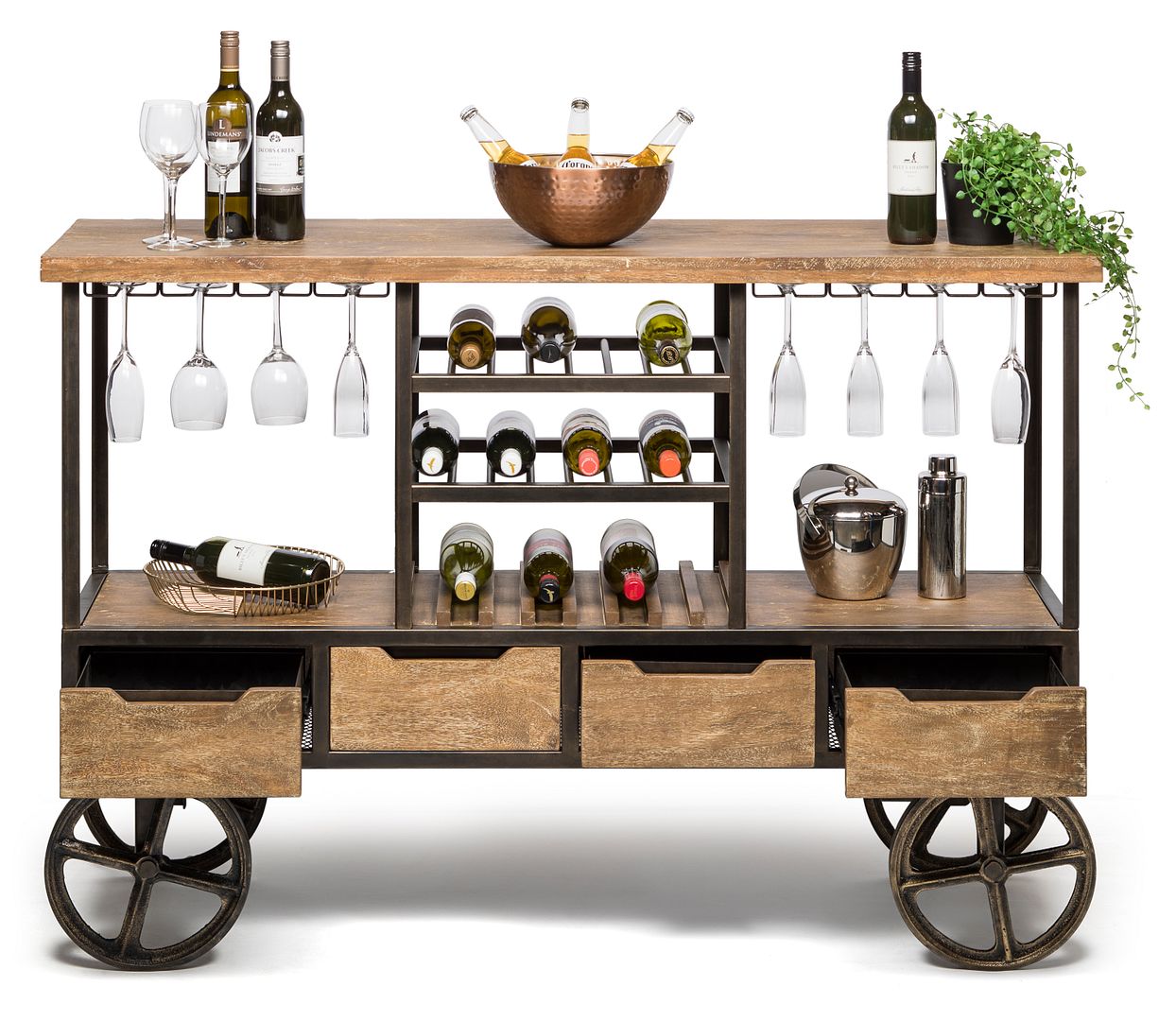 Industrial Style Wooden Bar Cart Drinks Trolley Station with Wine Bottle Rack-Furniture > Living Room-PEROZ Accessories