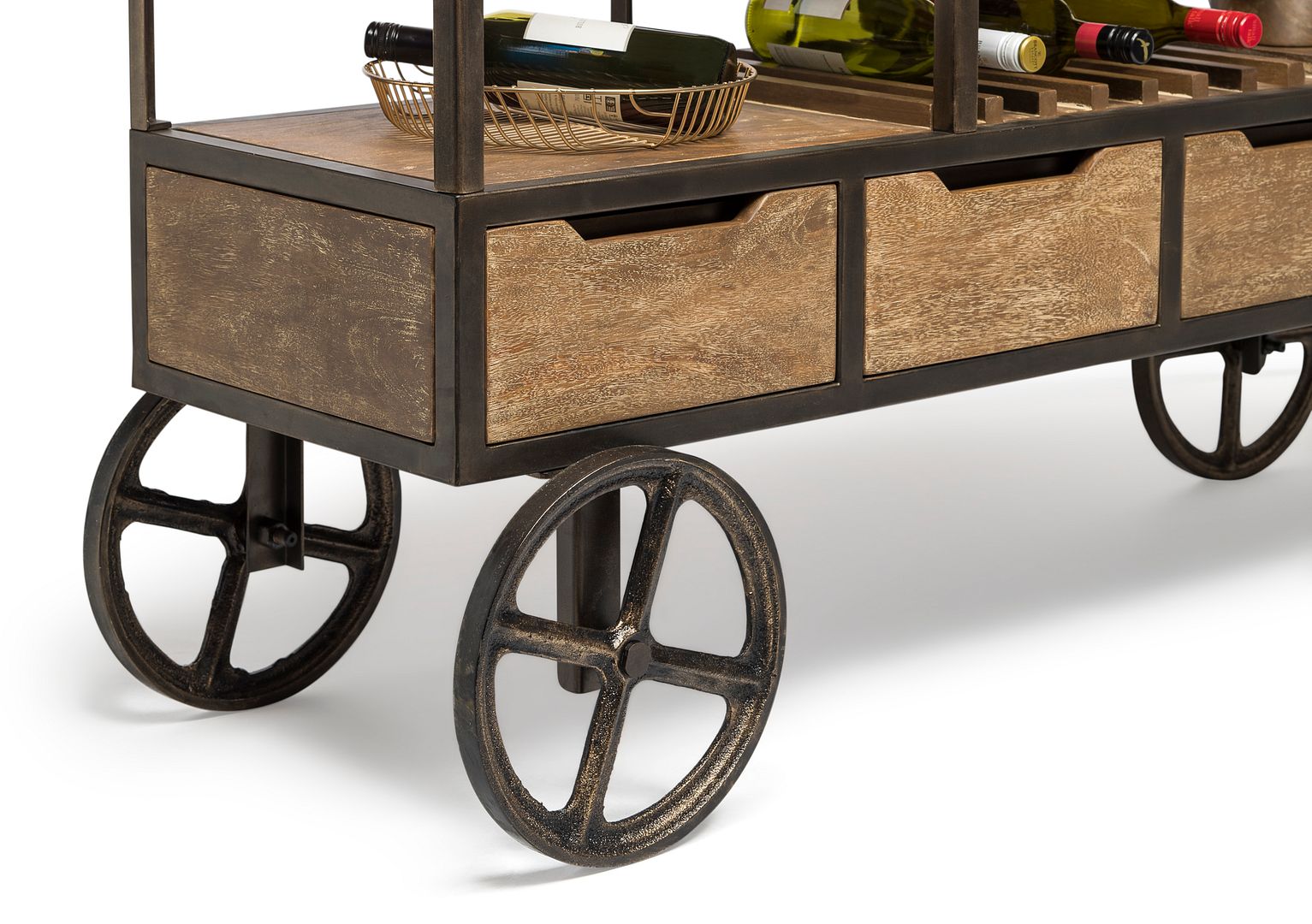 Industrial Style Wooden Bar Cart Drinks Trolley Station with Wine Bottle Rack-Furniture > Living Room-PEROZ Accessories