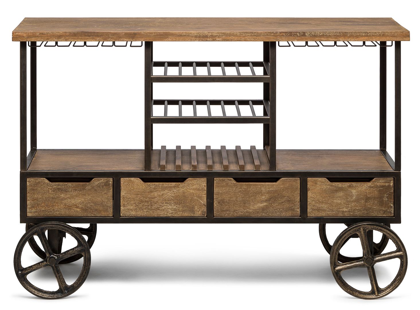 Industrial Style Wooden Bar Cart Drinks Trolley Station with Wine Bottle Rack-Furniture > Living Room-PEROZ Accessories