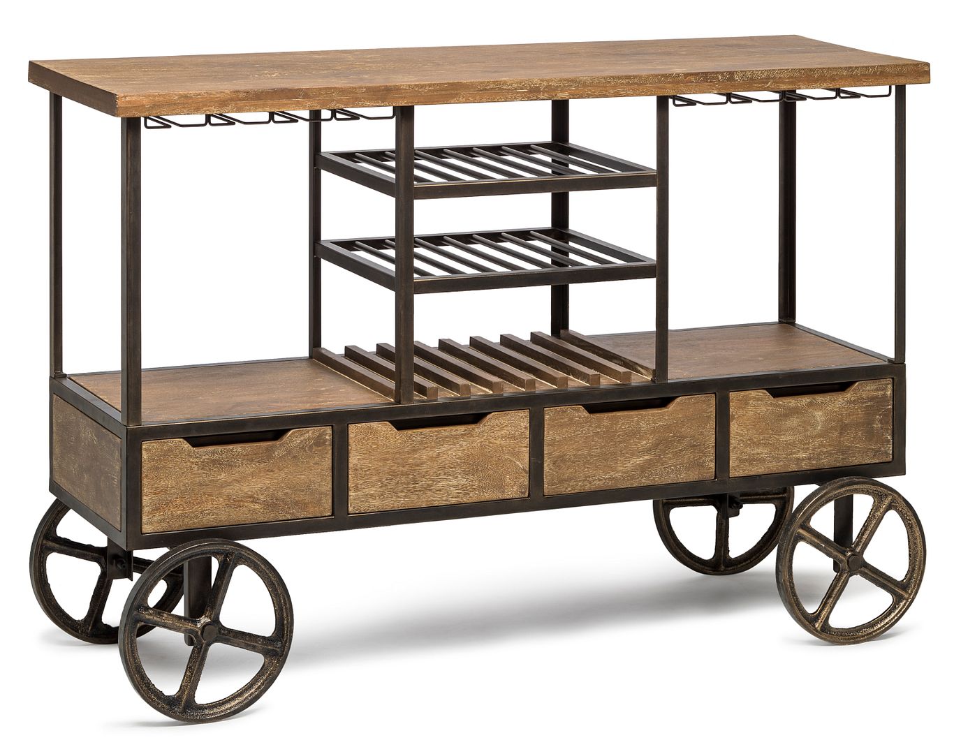 Industrial Style Wooden Bar Cart Drinks Trolley Station with Wine Bottle Rack-Furniture > Living Room-PEROZ Accessories