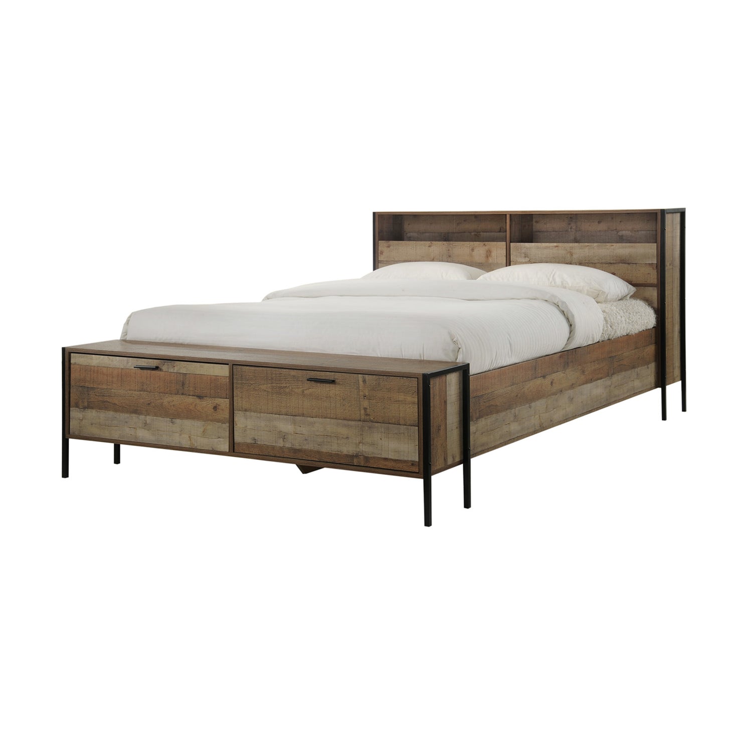 Queen Size Storage Bed Farme in Oak Colour with Particle Board Contraction and Metal Legs-Furniture > Bedroom-PEROZ Accessories