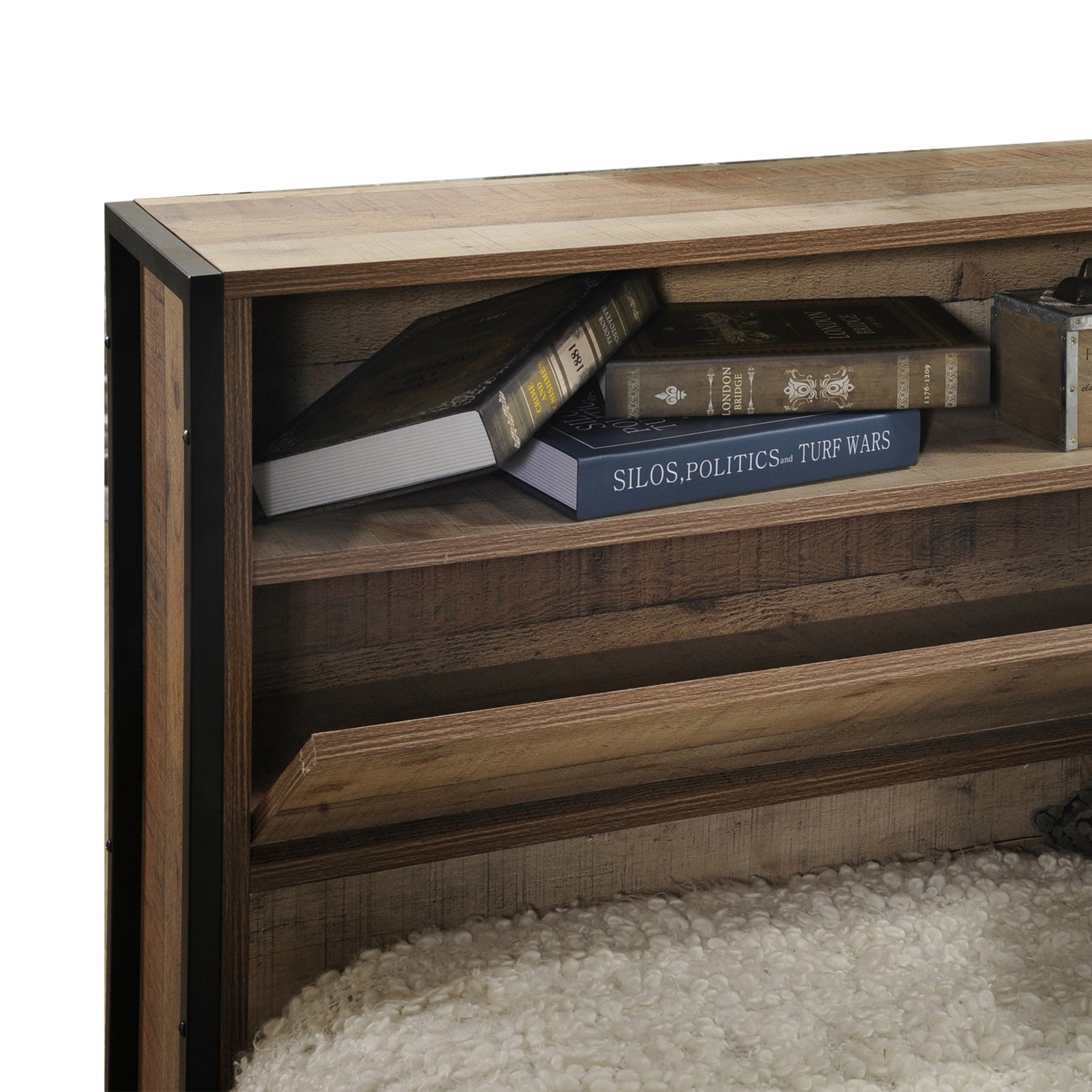 Queen Size Storage Bed Farme in Oak Colour with Particle Board Contraction and Metal Legs-Furniture > Bedroom-PEROZ Accessories